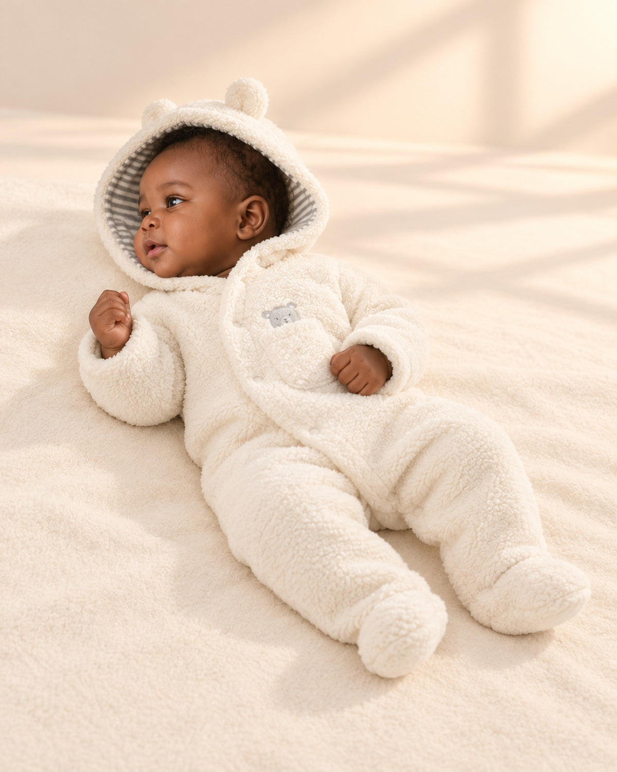 Baby lying on one side in the cream sherpa pram suit – Cream