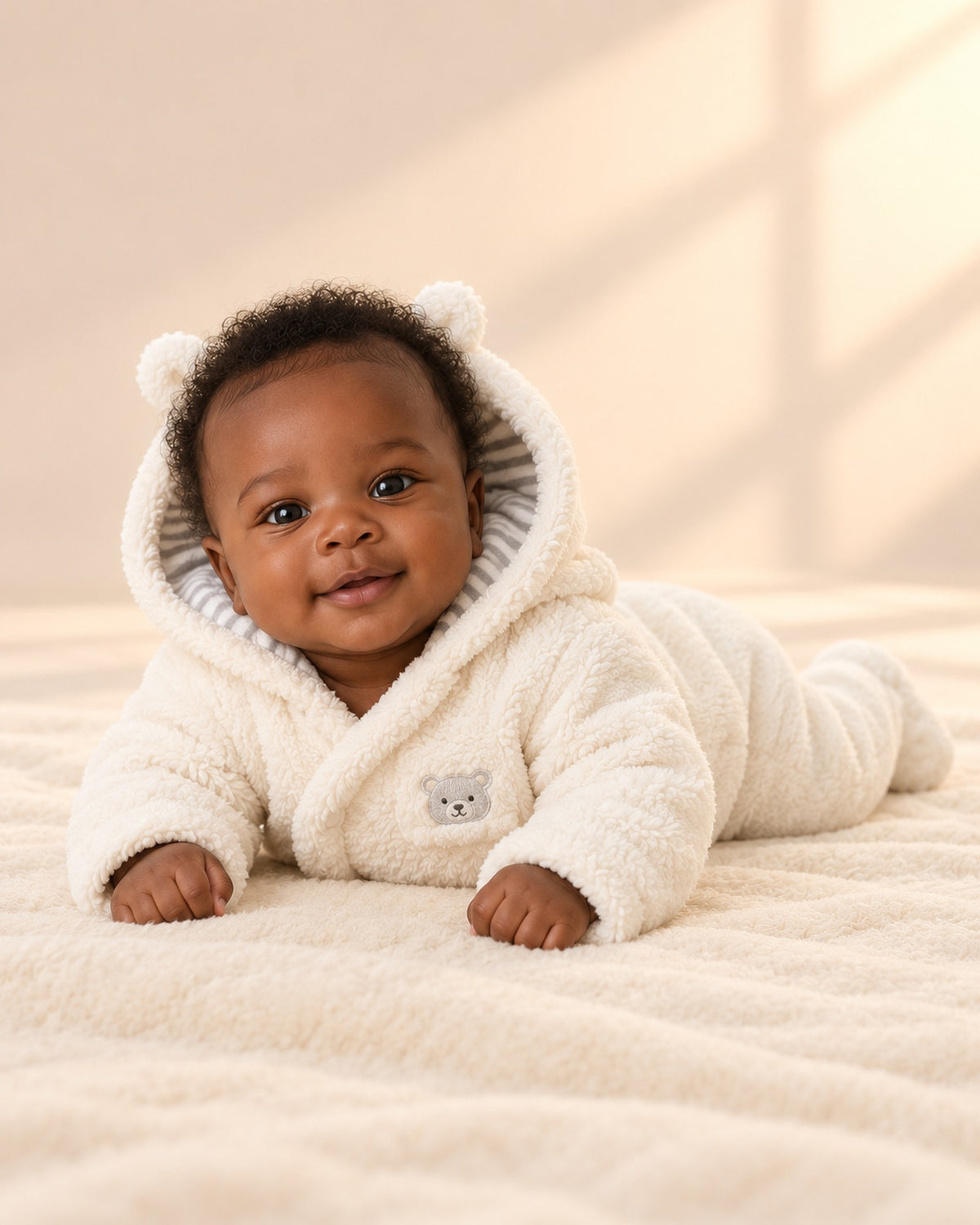 Baby at play in the bear ear sherpa pram suit – Cream