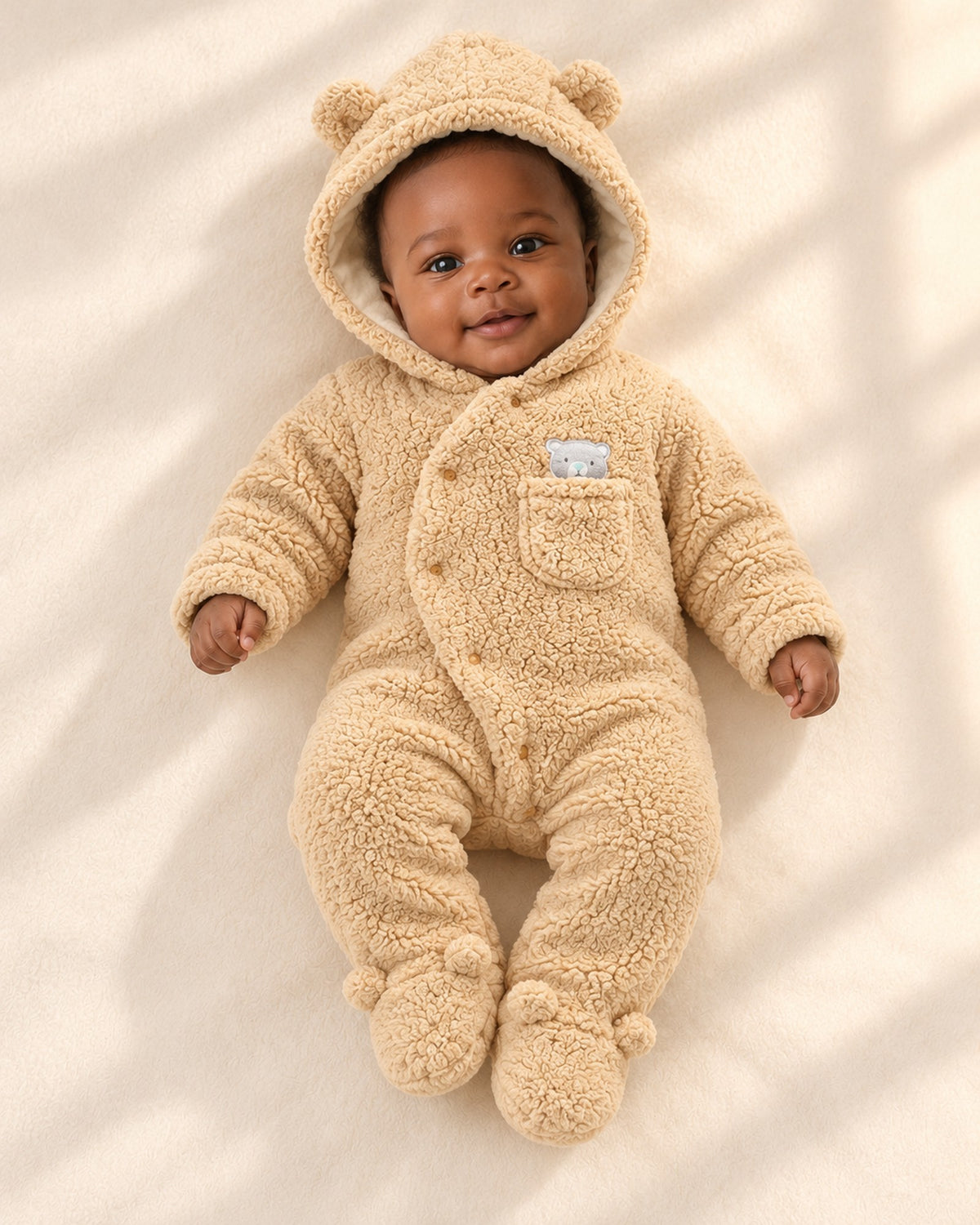 Barney Bear Ear Sherpa Pram Suit in Camel – main