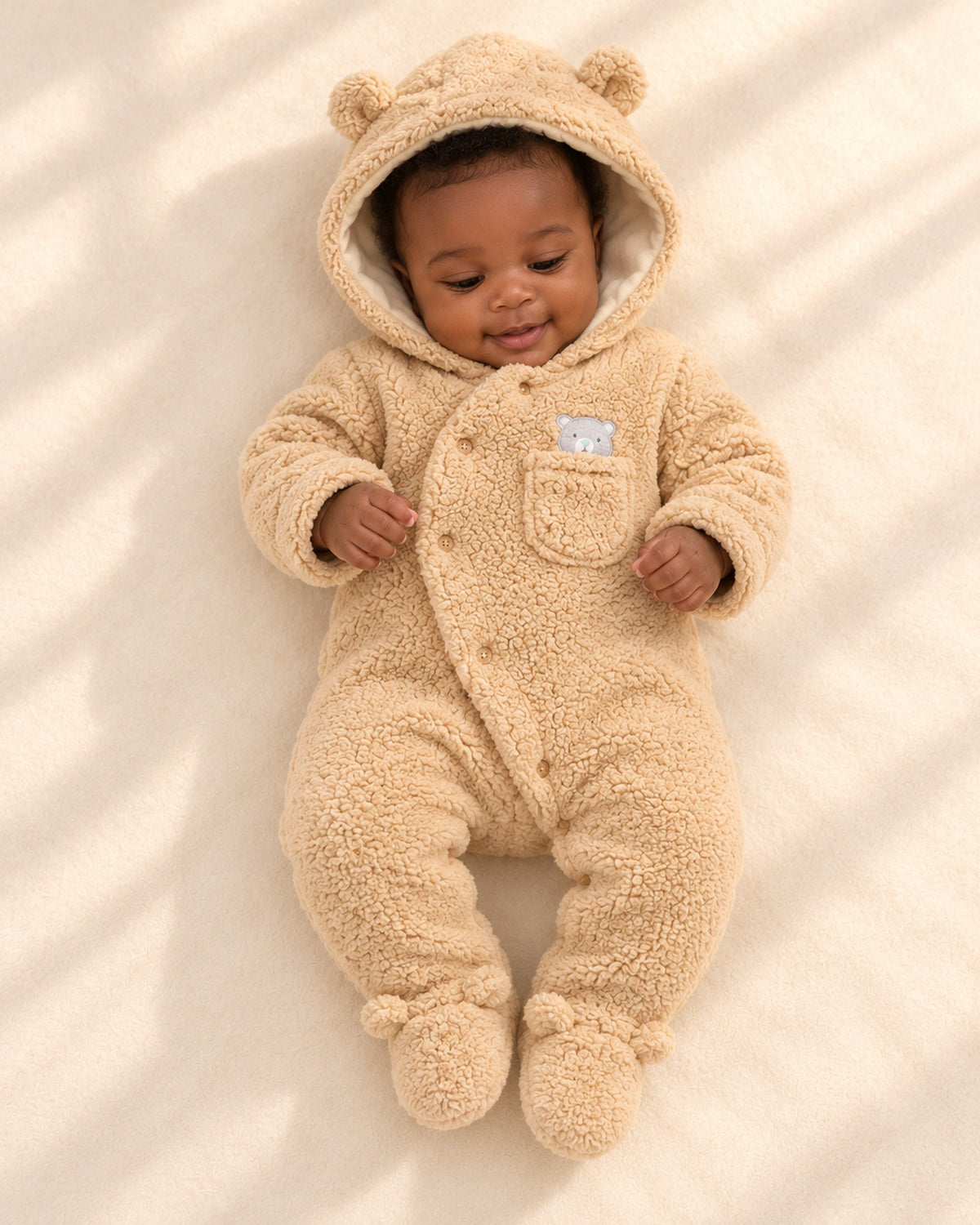 Barney Bear Ear Sherpa Pram Suit in Camel – full front view