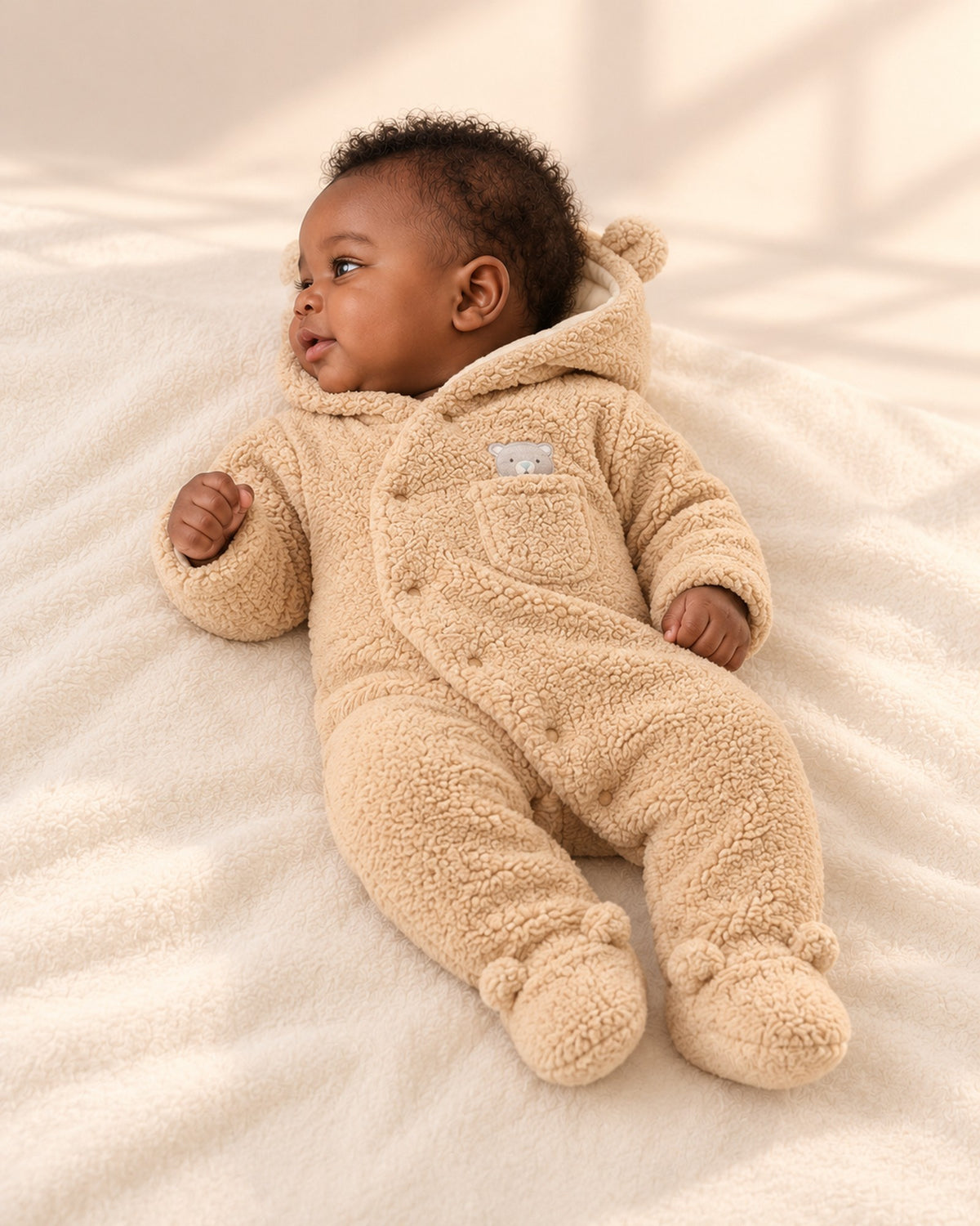 Barney Bear Ear Sherpa Pram Suit in Camel – side view