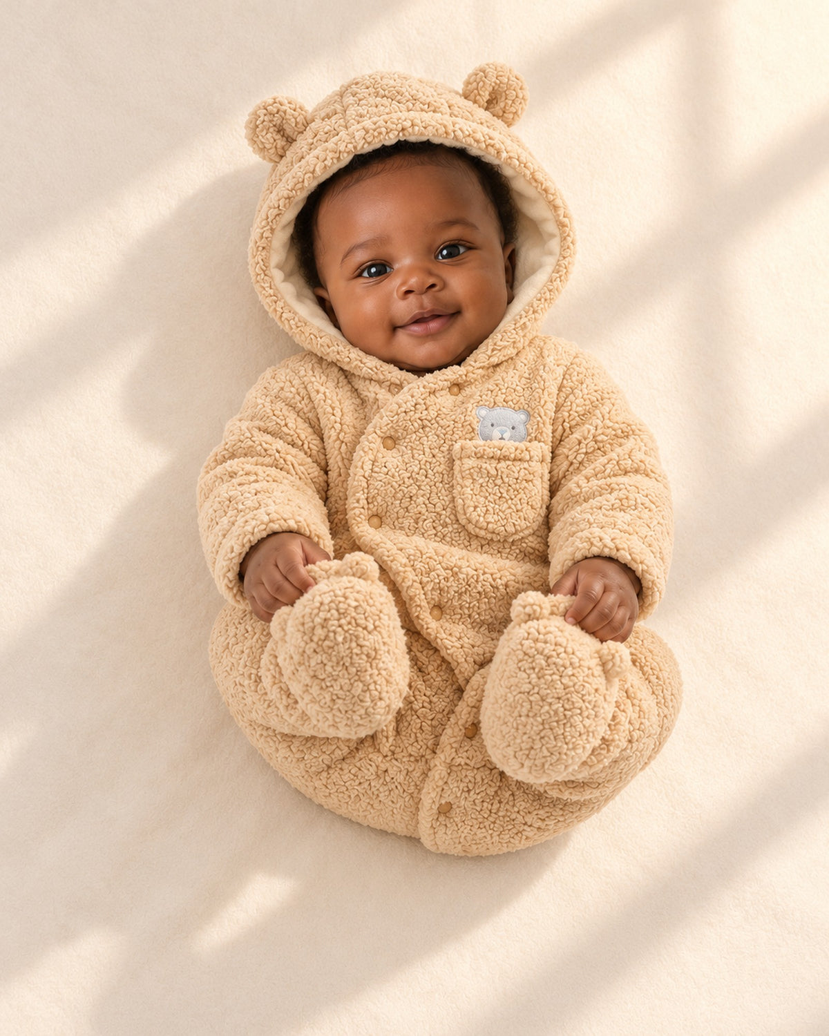 Barney Bear Ear Sherpa Pram Suit in Camel – natural pose