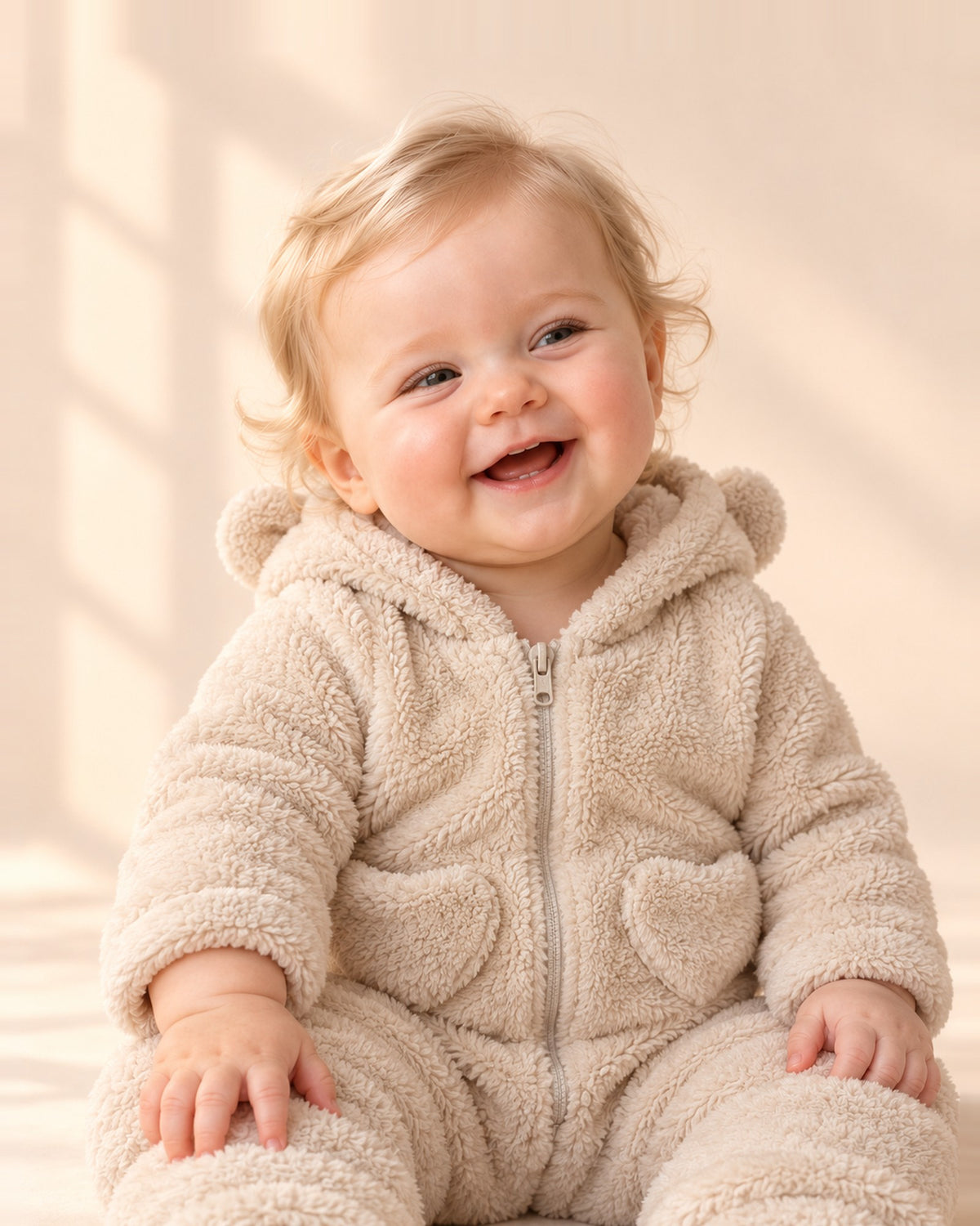Baby laughing in the Tilly oat plush suit with heart pockets – Oat