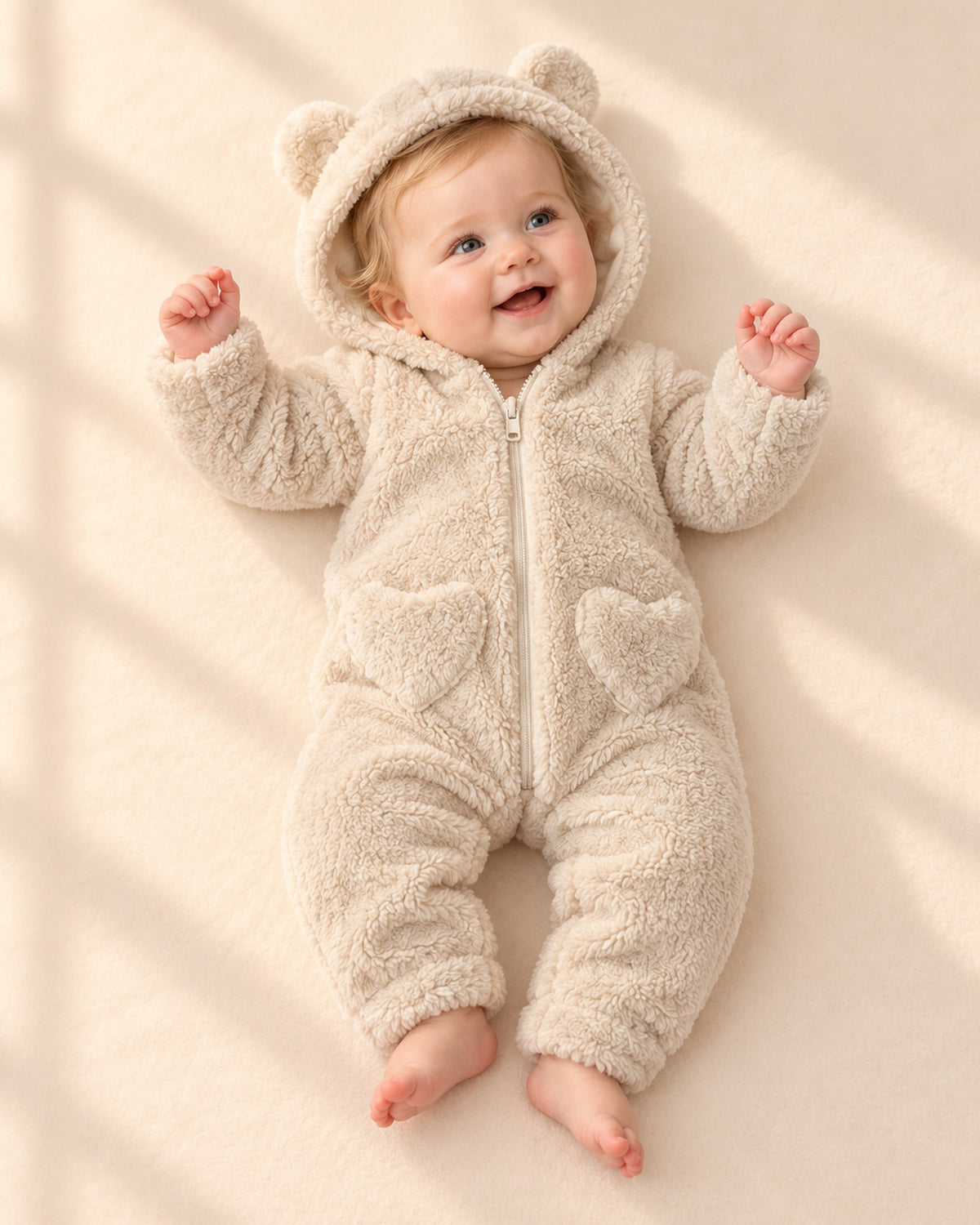 Front view of the bear ear plush suit, full length – Oat