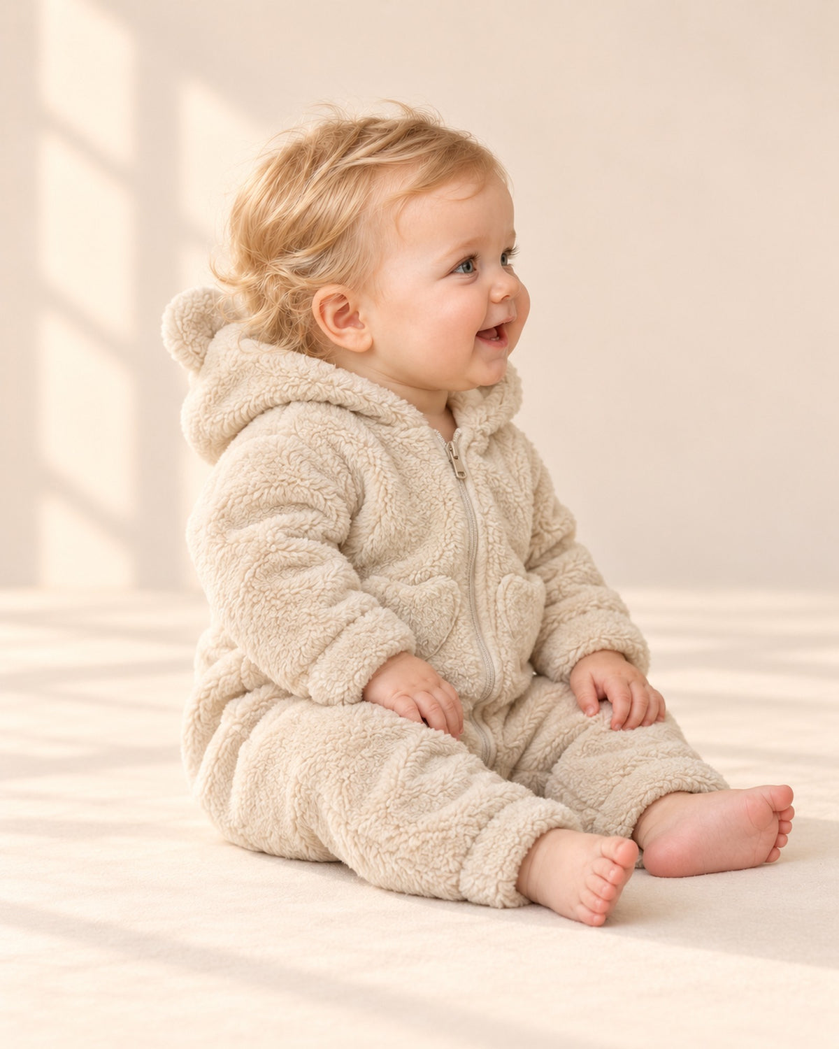 Baby sitting in the oat plush suit, seen from the side – Oat