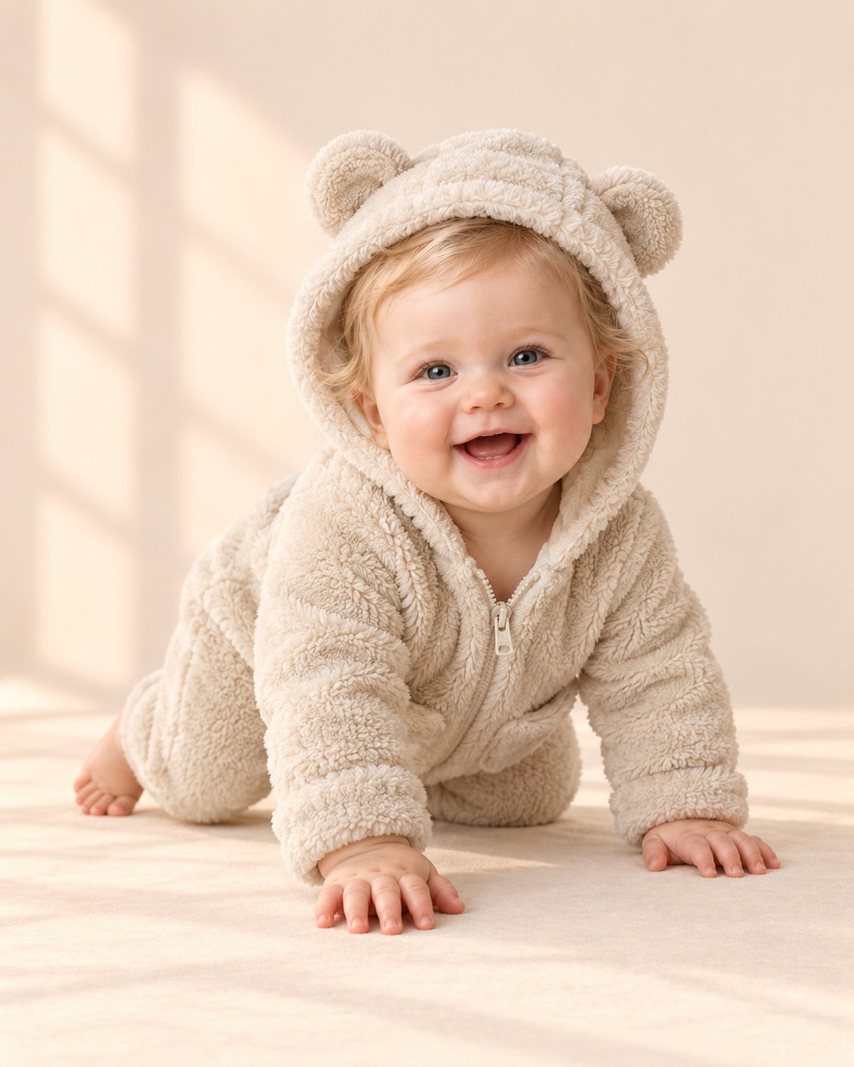 Baby crawling in the plush bear ear suit with the hood up – Oat