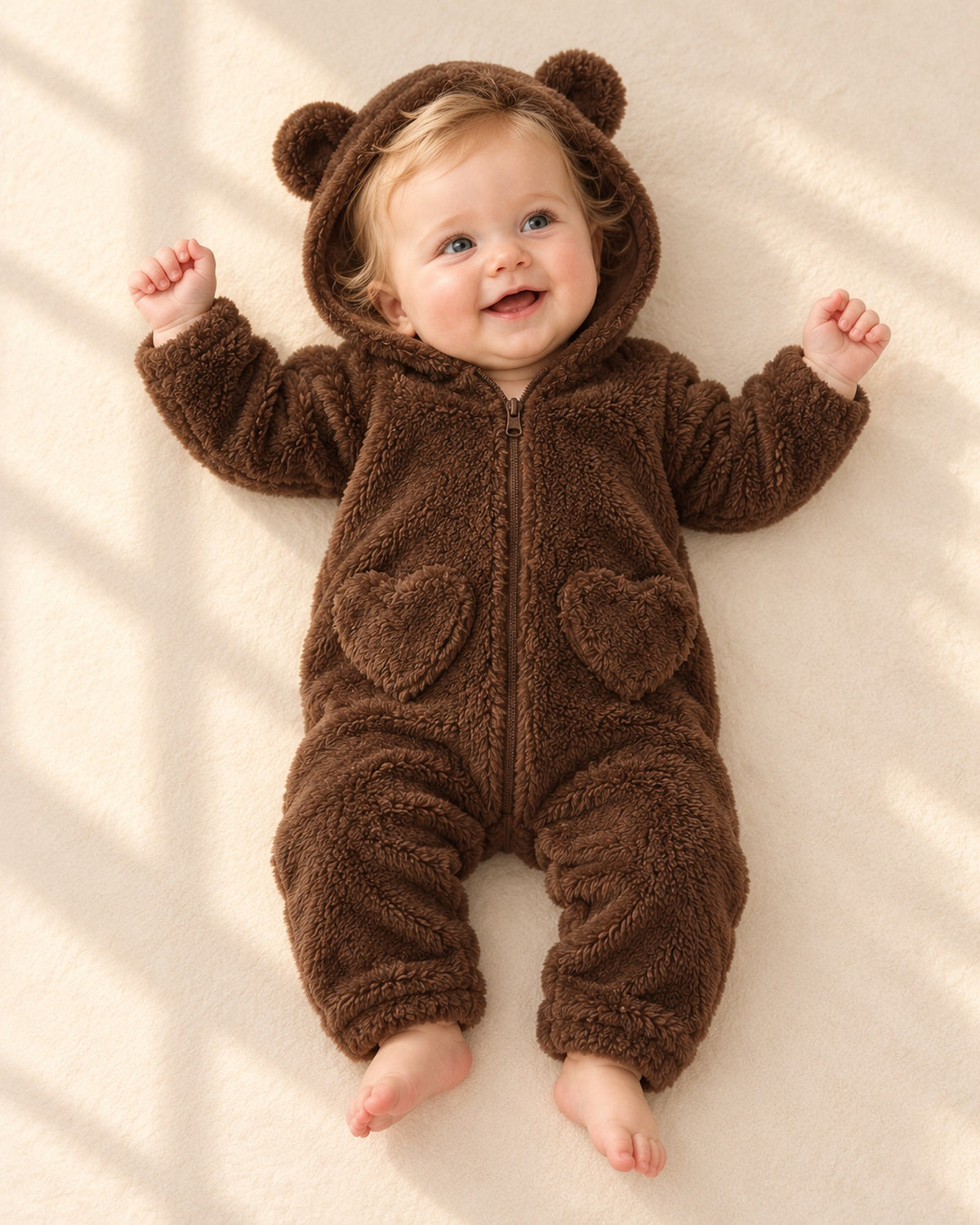 Tilly Heart Pocket Bear Ear Suit in Chocolate – full front view