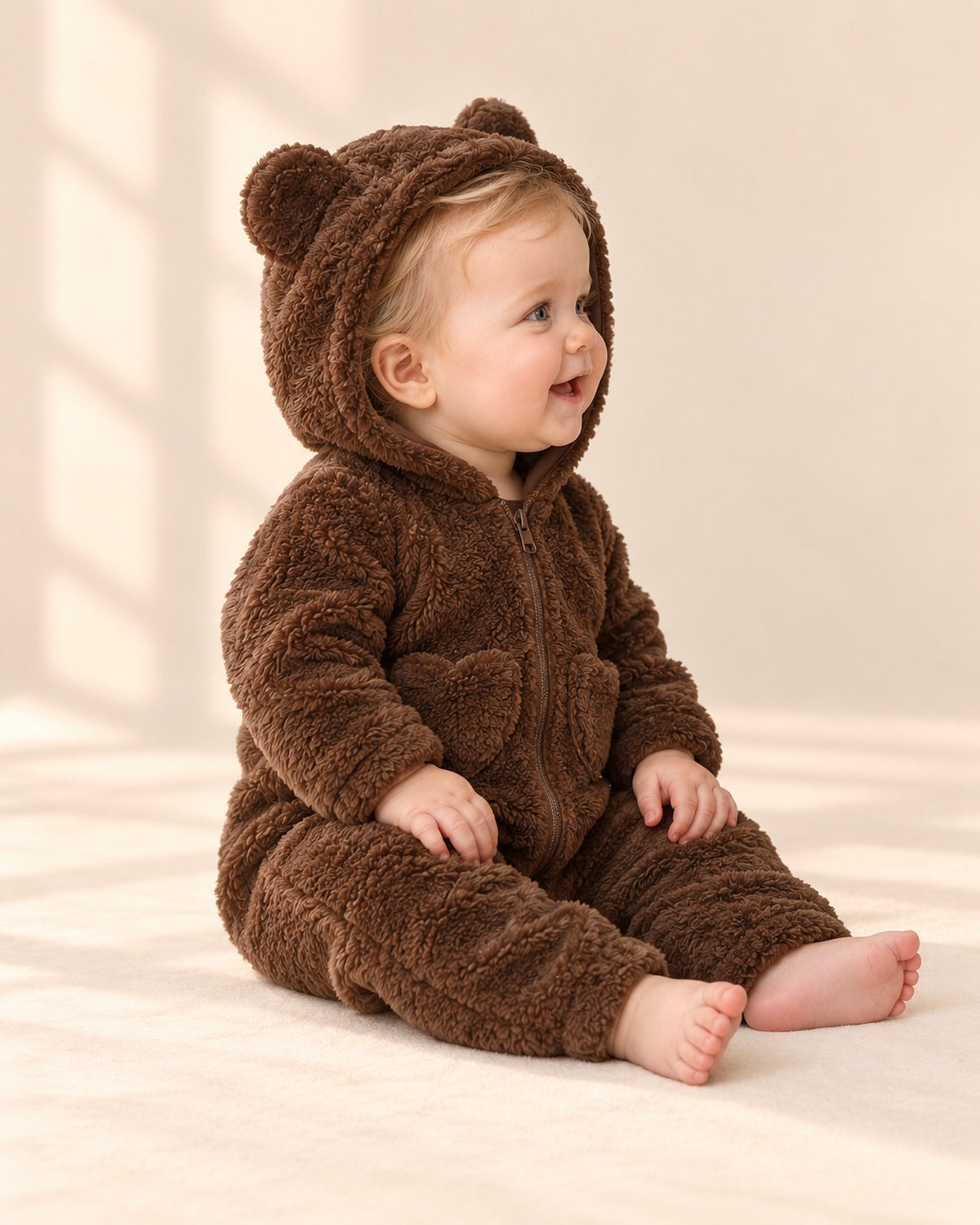 Tilly Heart Pocket Bear Ear Suit in Chocolate – side view