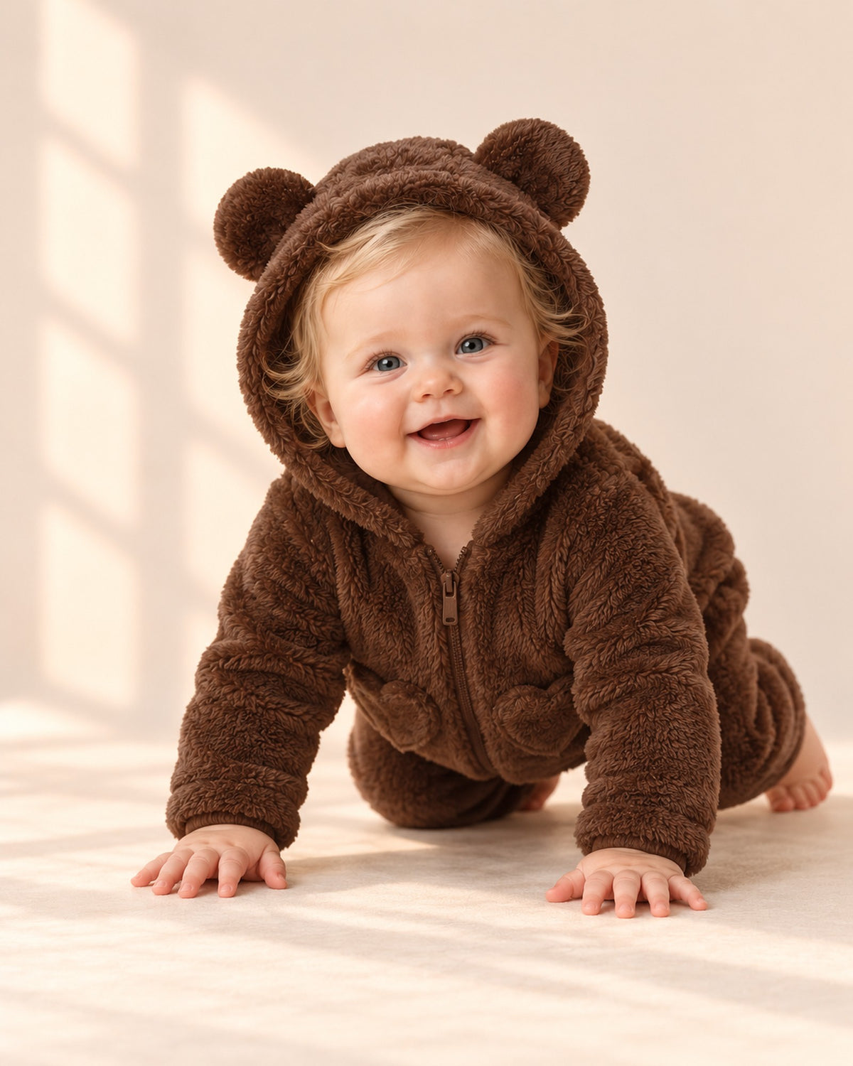 Tilly Heart Pocket Bear Ear Suit in Chocolate – natural pose