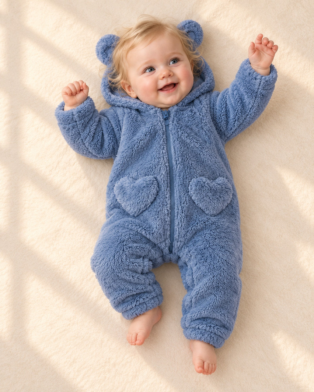 Tilly Heart Pocket Bear Ear Suit in Soft Blue – full front view