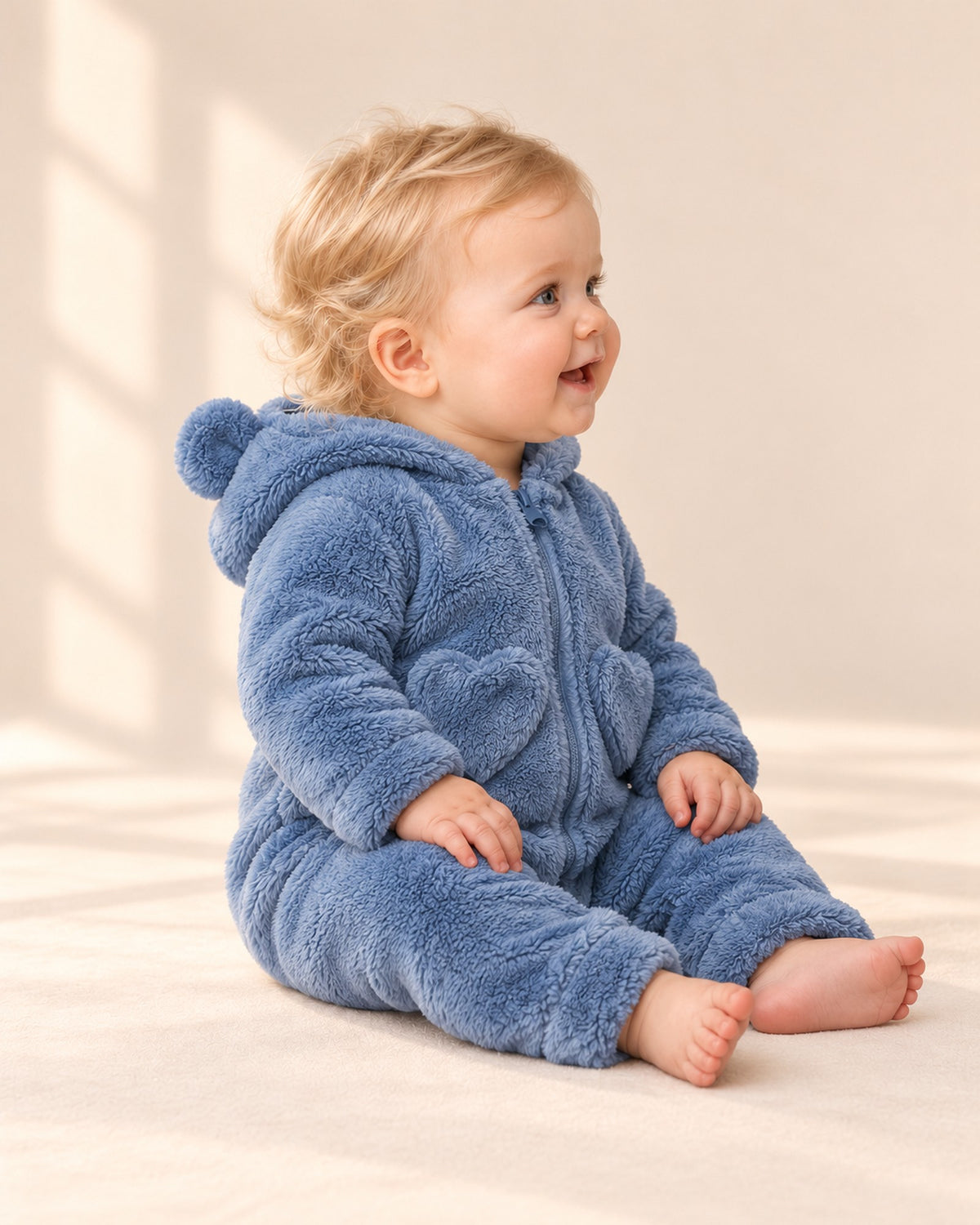 Tilly Heart Pocket Bear Ear Suit in Soft Blue – side view