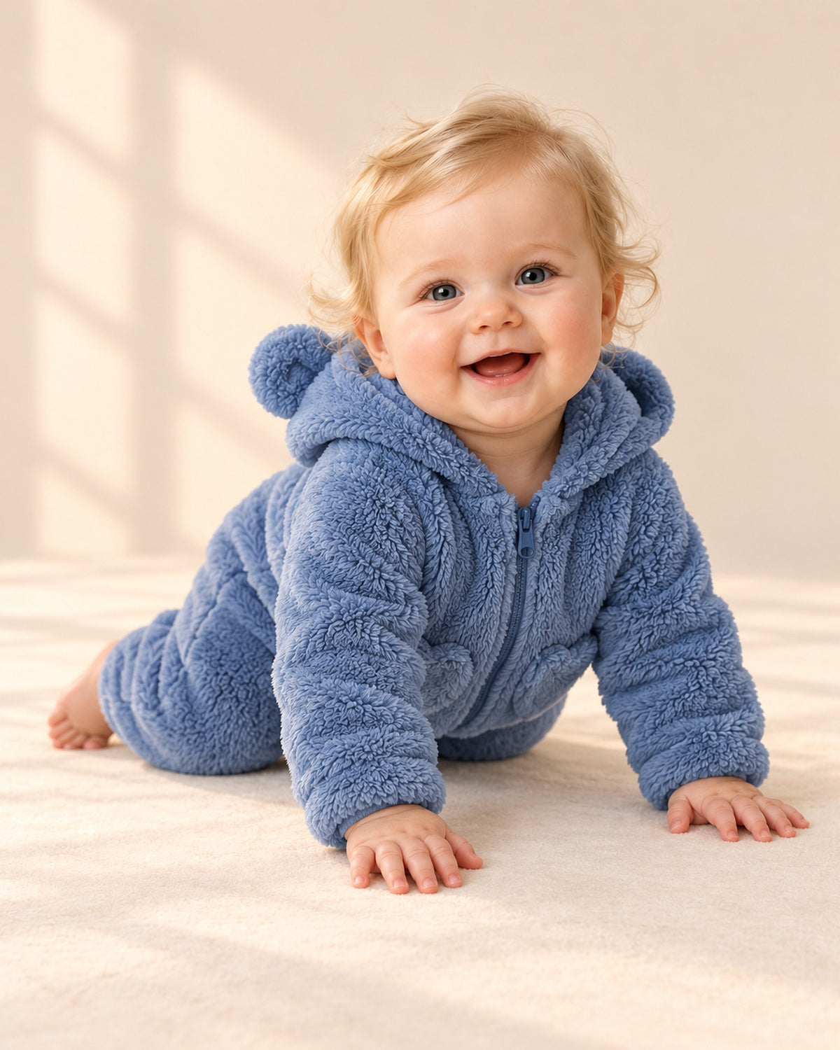 Tilly Heart Pocket Bear Ear Suit in Soft Blue – natural pose