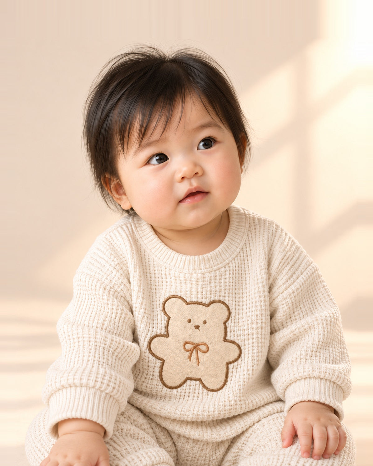 Baby sitting in the Molly cream waffle knit teddy sweatshirt – Oat