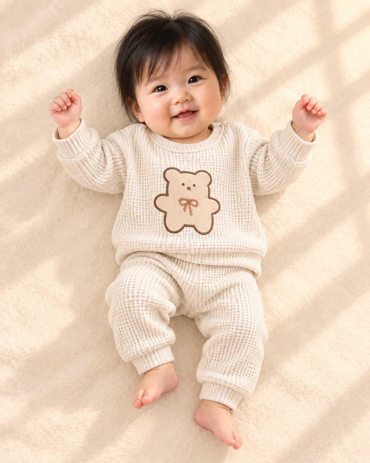 Baby lying down in the waffle teddy set with an open sherpa jacket – Oat