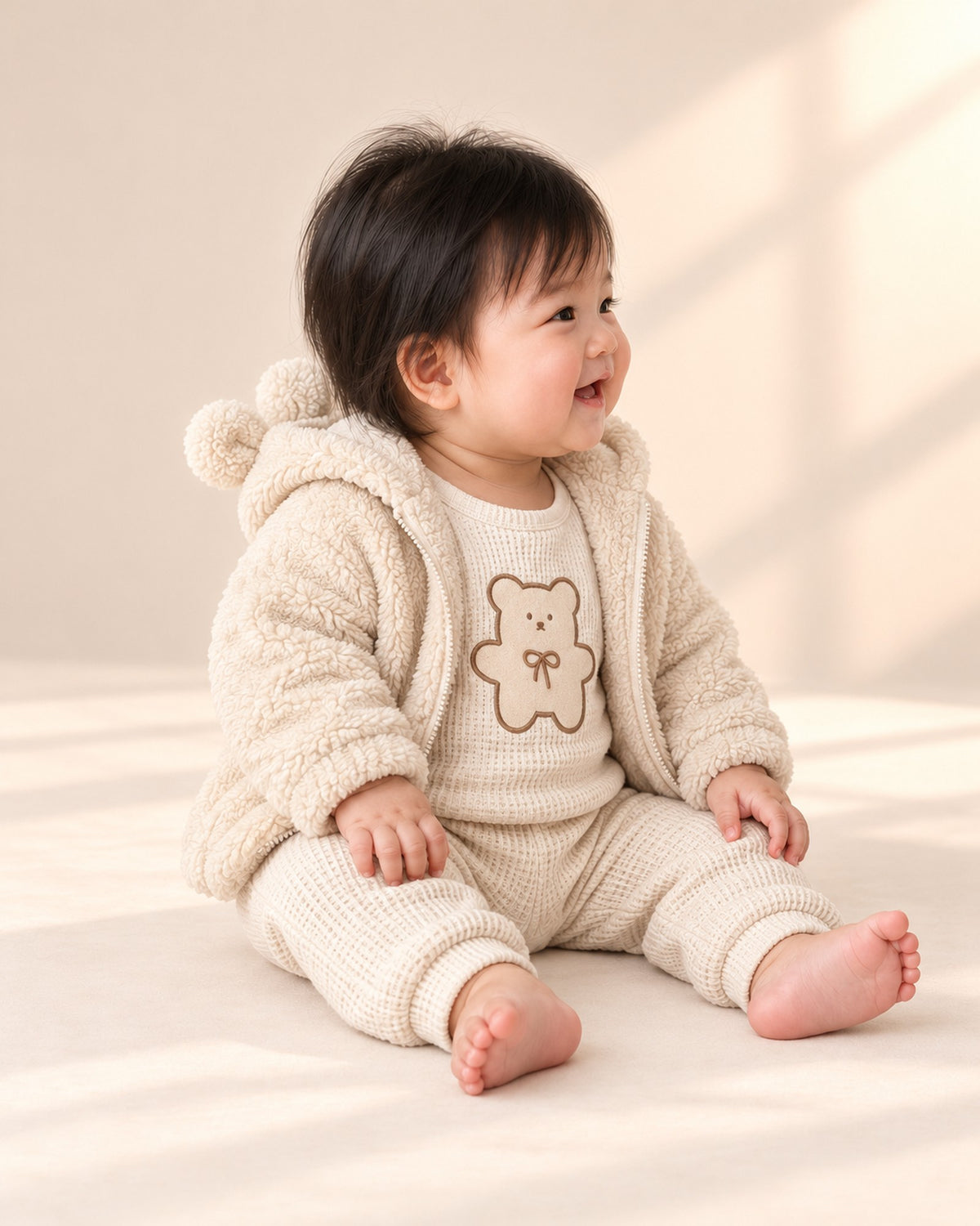 Baby sitting in the waffle knit set, seen from the side – Oat