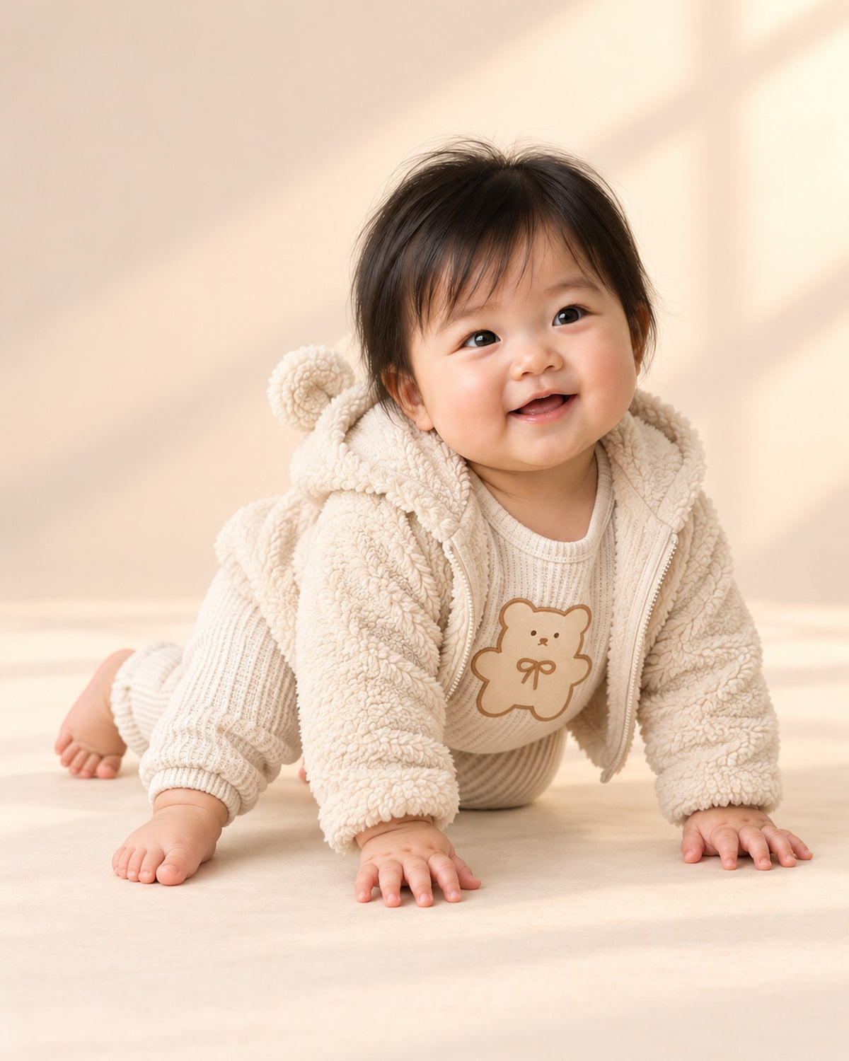 Baby crawling in the waffle teddy set and a sherpa jacket – Oat