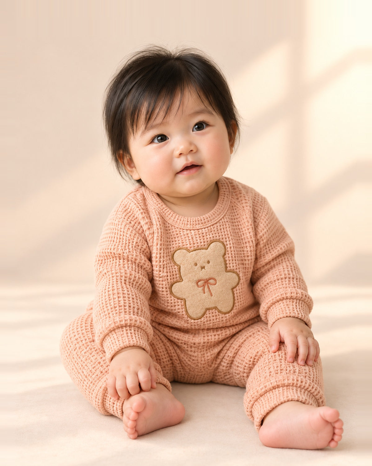 Molly Waffle Knit Teddy Set in Peach – main