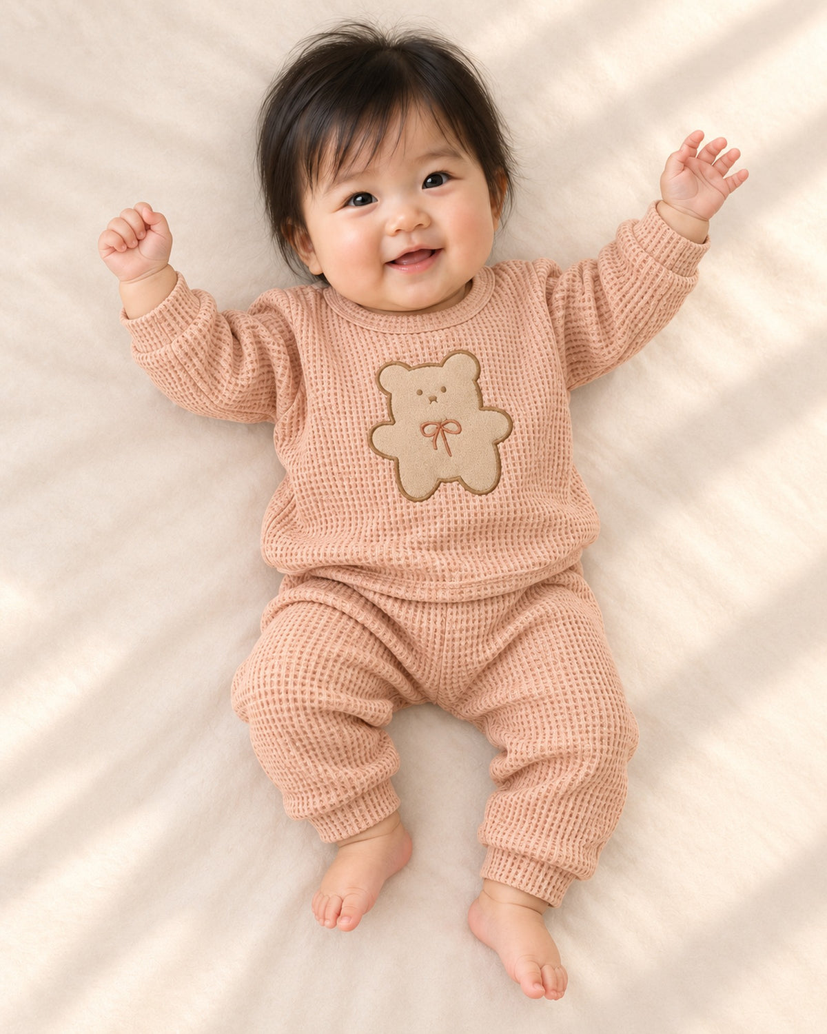 Molly Waffle Knit Teddy Set in Peach – full front view