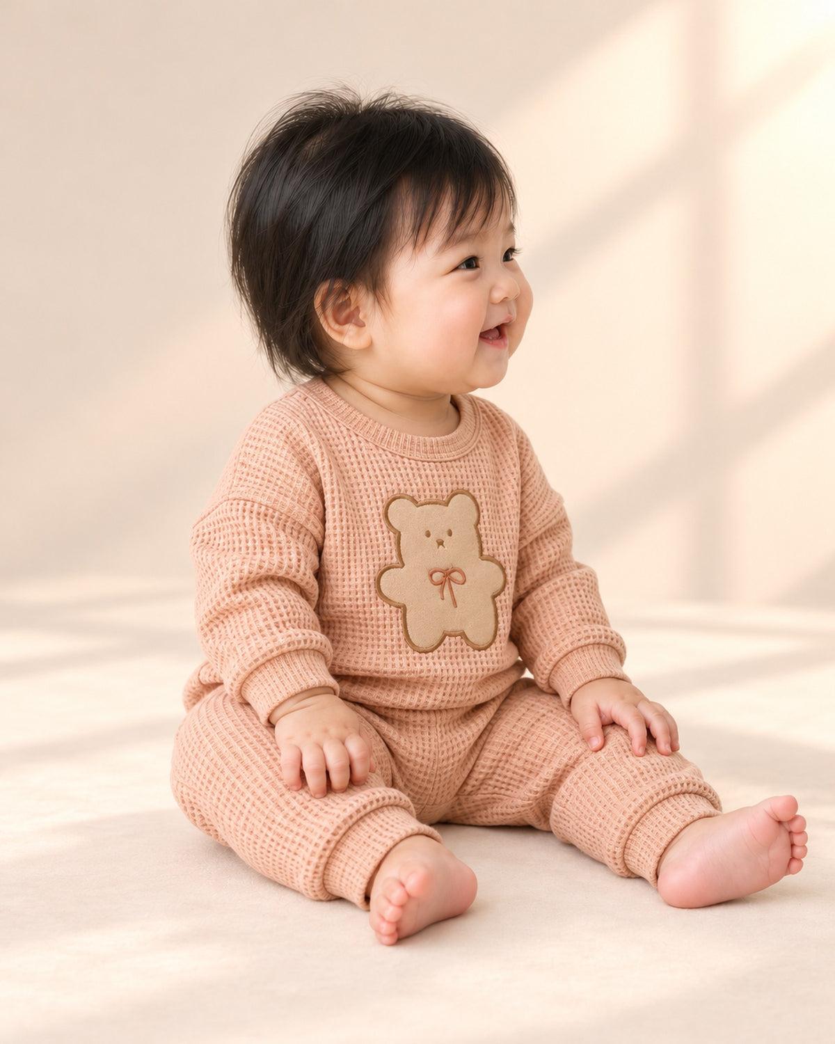 Molly Waffle Knit Teddy Set in Peach – side view