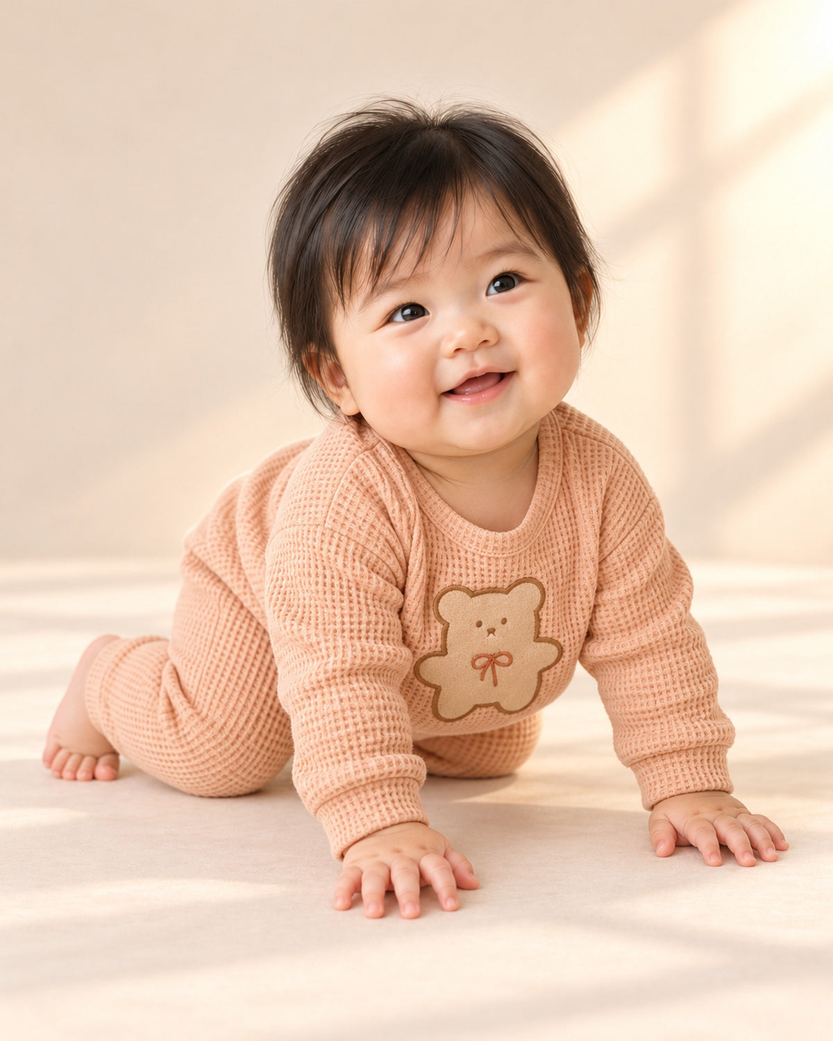 Molly Waffle Knit Teddy Set in Peach – natural pose