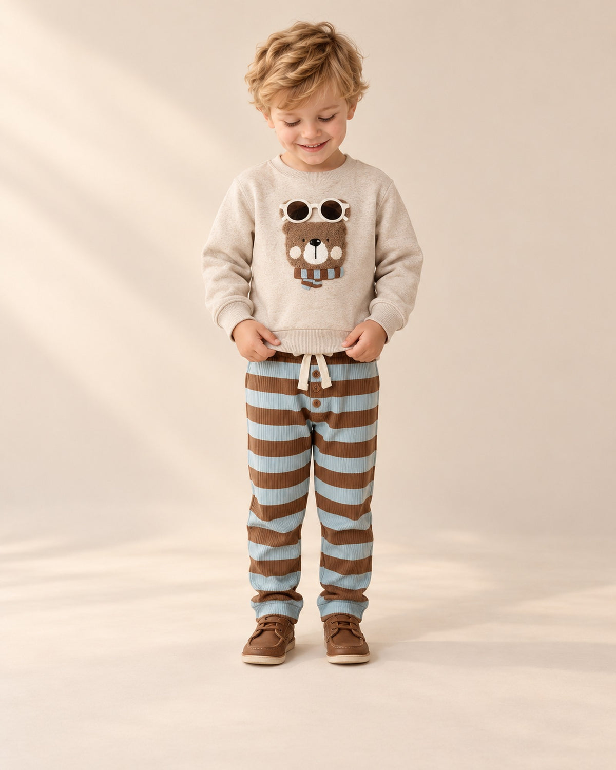 Boy waving in the bear sweatshirt set with a teddy duffle coat, full length – Oatmeal