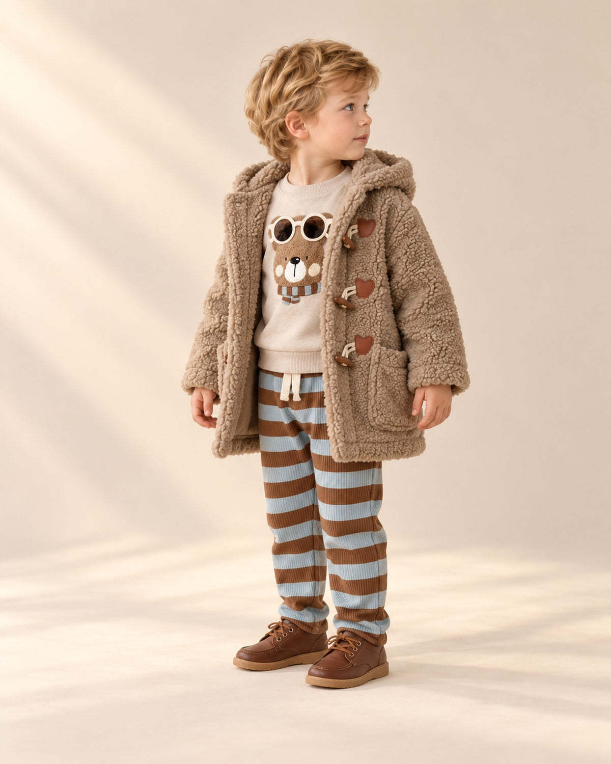Side view of the bear sweatshirt set with a teddy duffle coat – Oatmeal