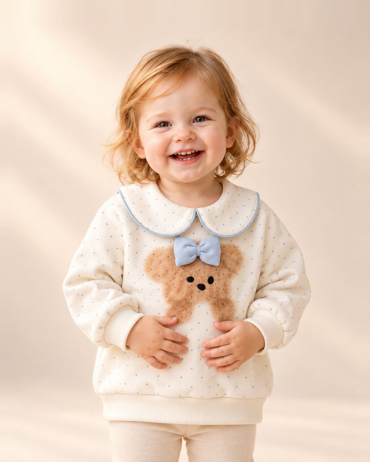 Toddler laughing in the Maisie teddy sweatshirt with a Peter Pan collar – Cream
