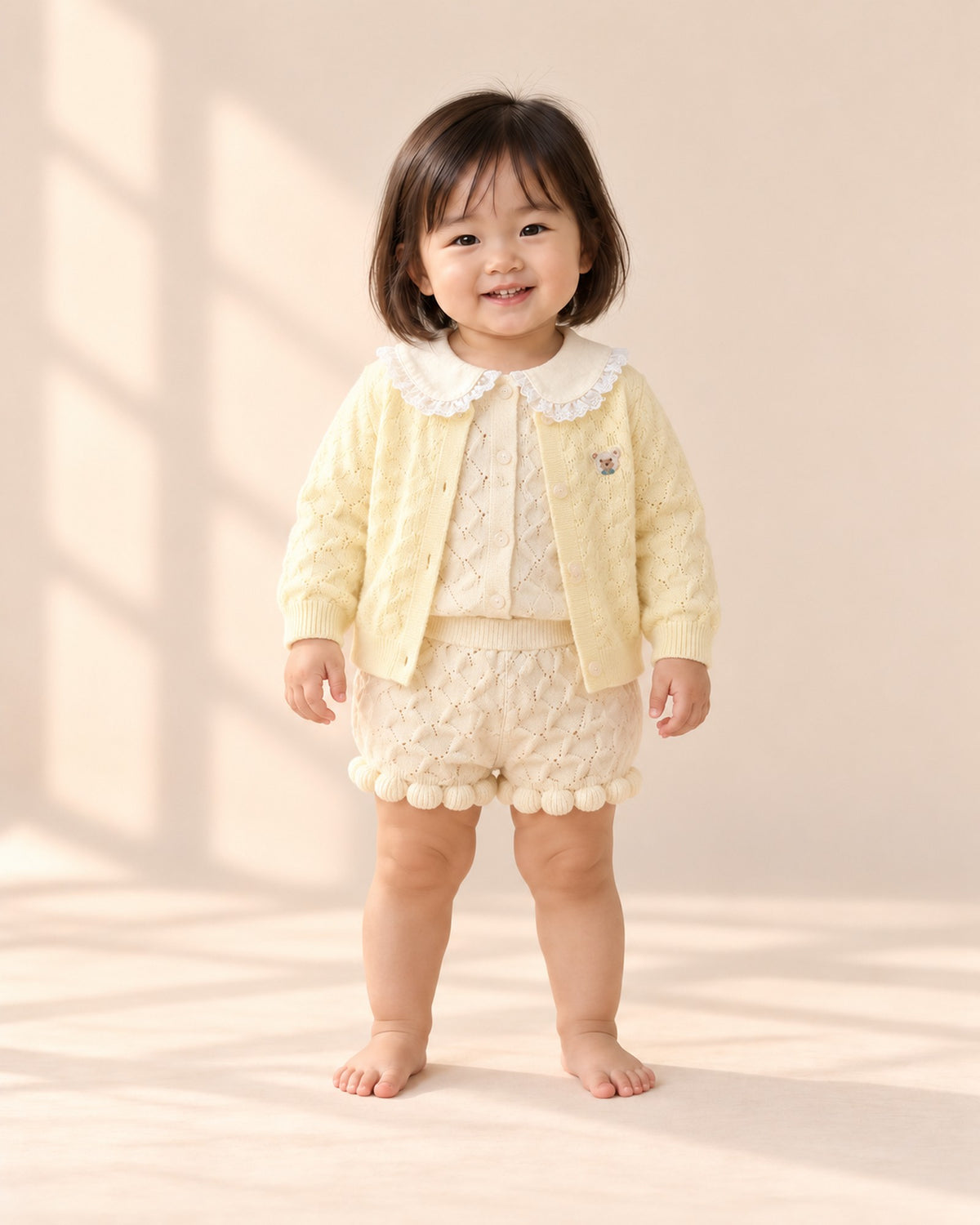 Full-length front view of the butter knit bear cardigan, paired with the popcorn knit set with lace collar – Butter Yellow