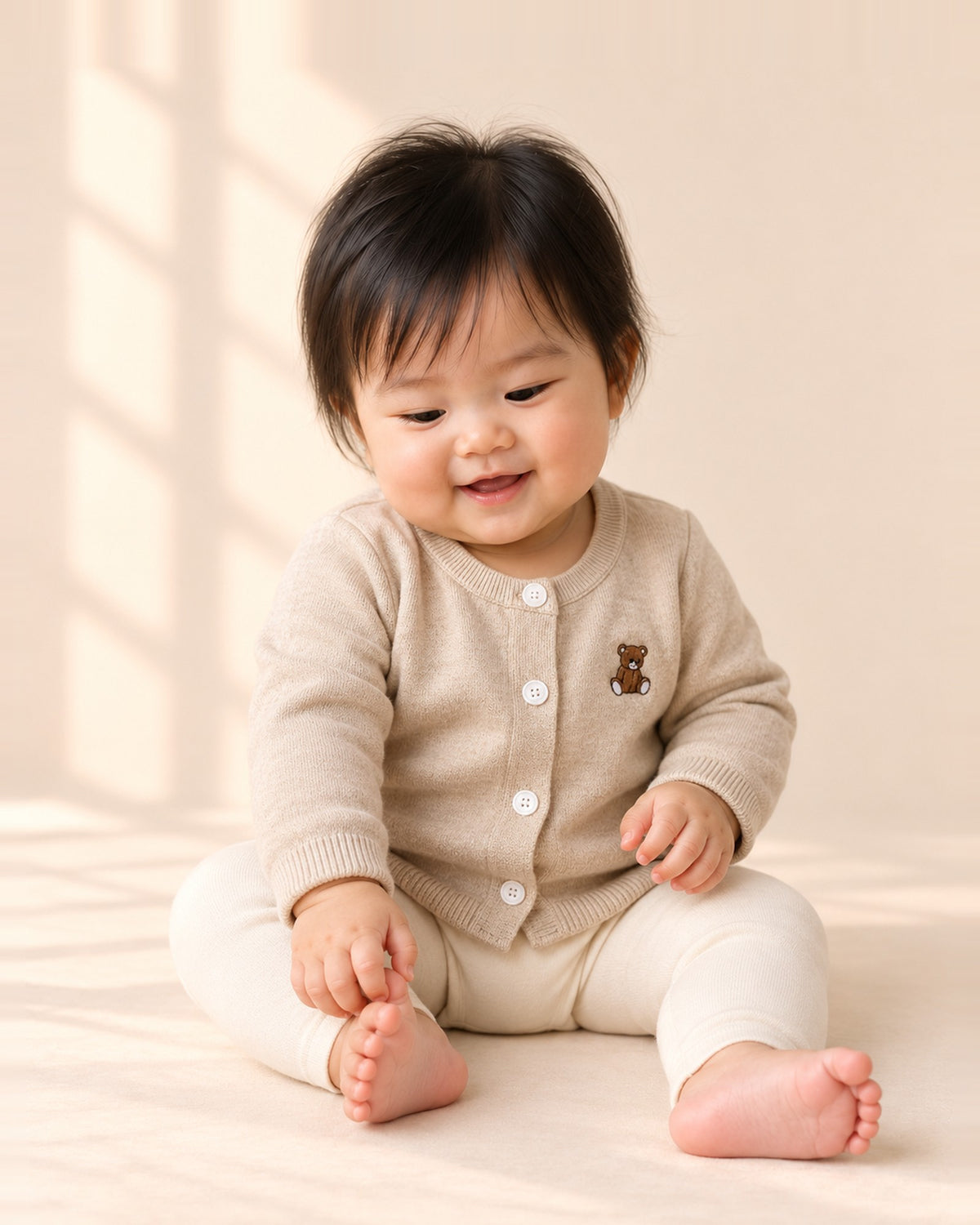 Oatmeal knit baby cardigan with an embroidered bear badge and white buttons