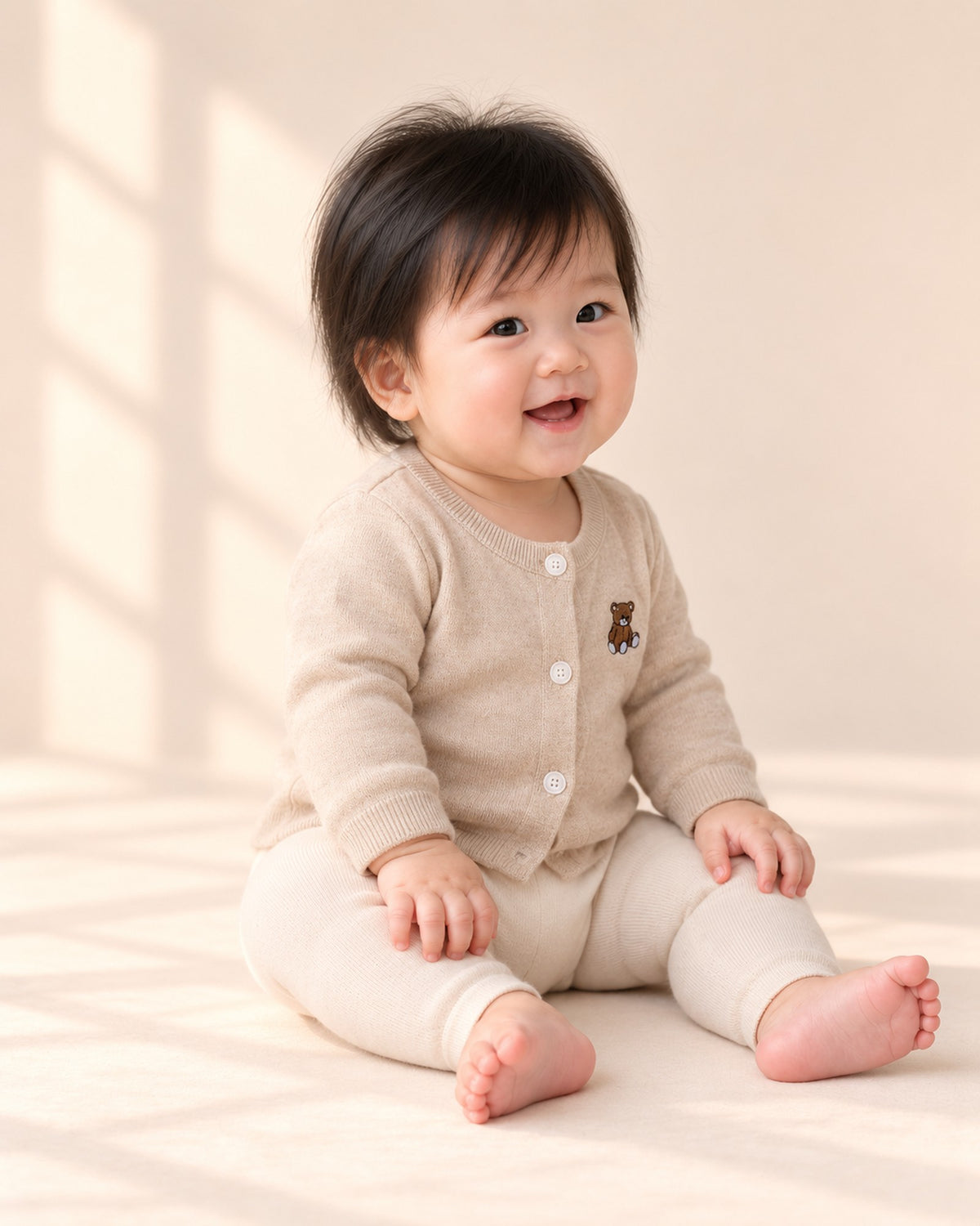 Side view of the oatmeal cardigan with the bear badge over the knit romper – Oatmeal
