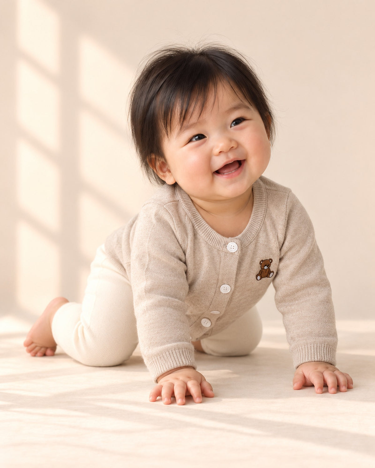 Baby in the bear patch cardigan and lace collar romper, head to toe – Oatmeal