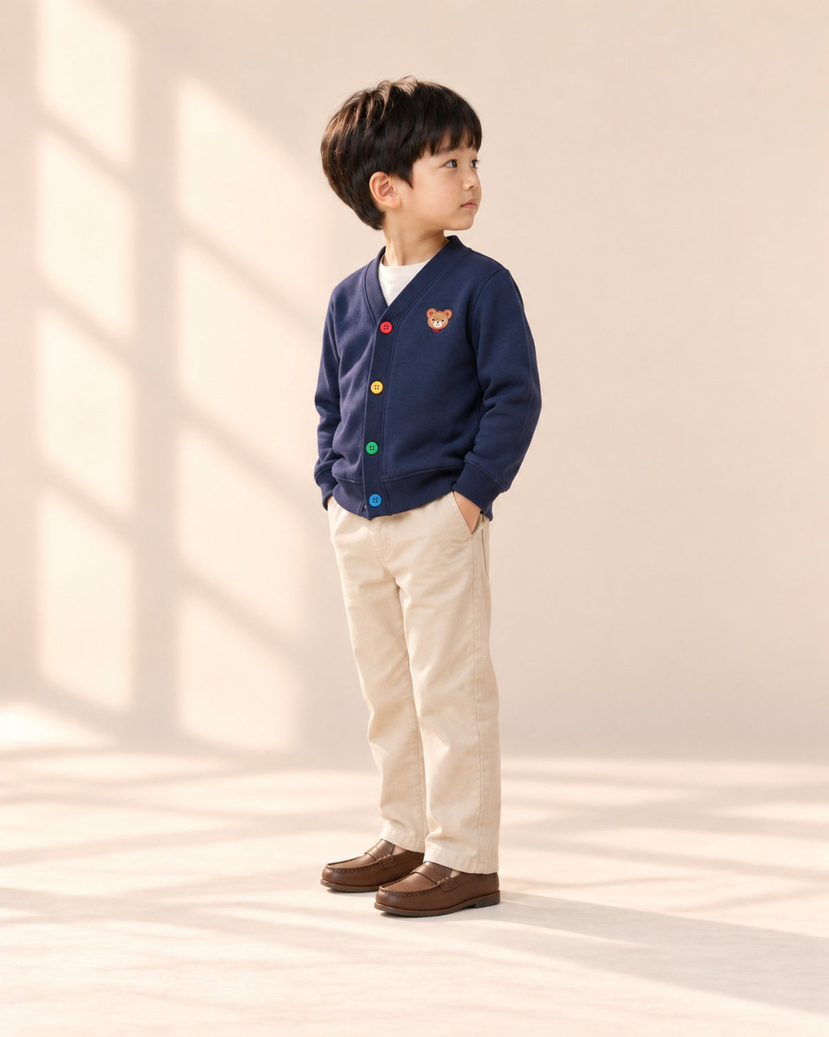 Side view of the navy cardigan with colorful buttons – Navy