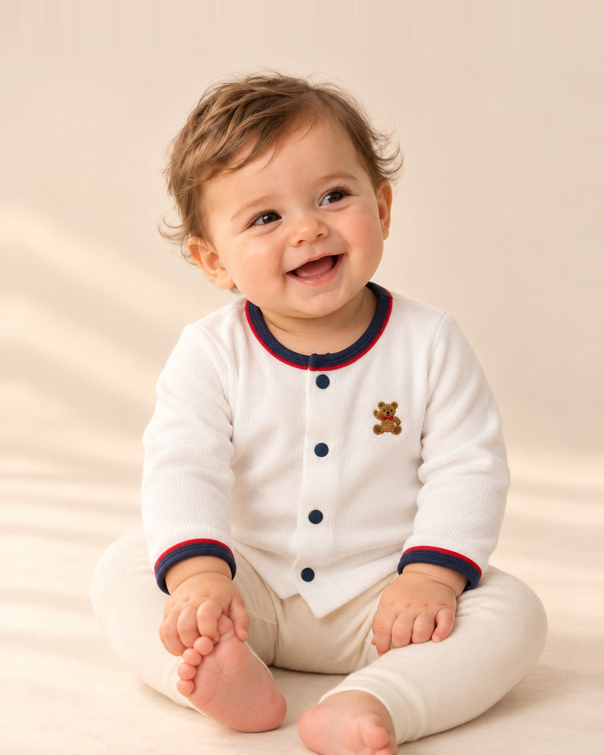 White baby cardigan with navy and red tipping and a tiny embroidered bear