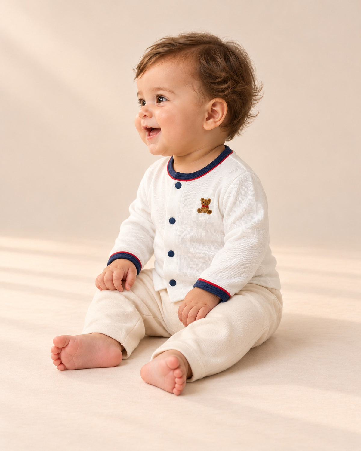 Side view of the white cardigan with navy tipped cuff over the bubble romper – White