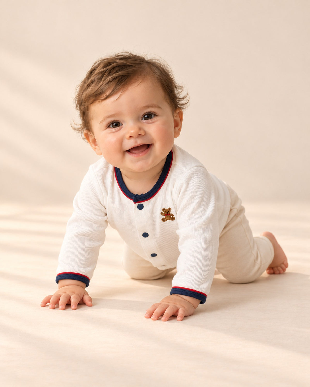 Baby in the tiny bear cardigan and dusty blue romper, head to toe – White