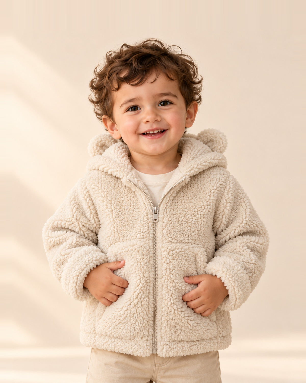 Toddler smiling in the Georgie cream sherpa jacket with bear ears – Cream