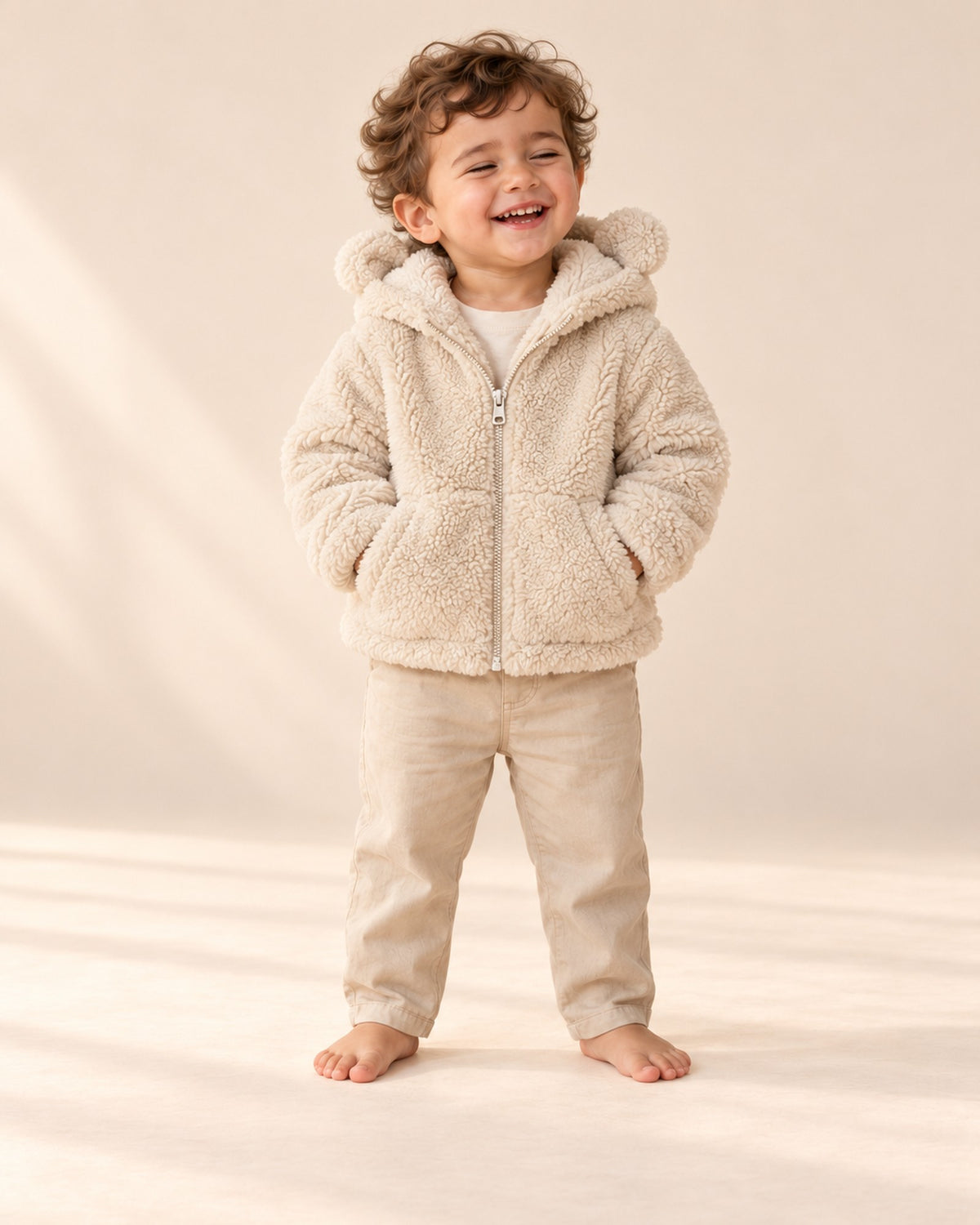 Front view of the cream bear ear sherpa jacket, full length – Cream