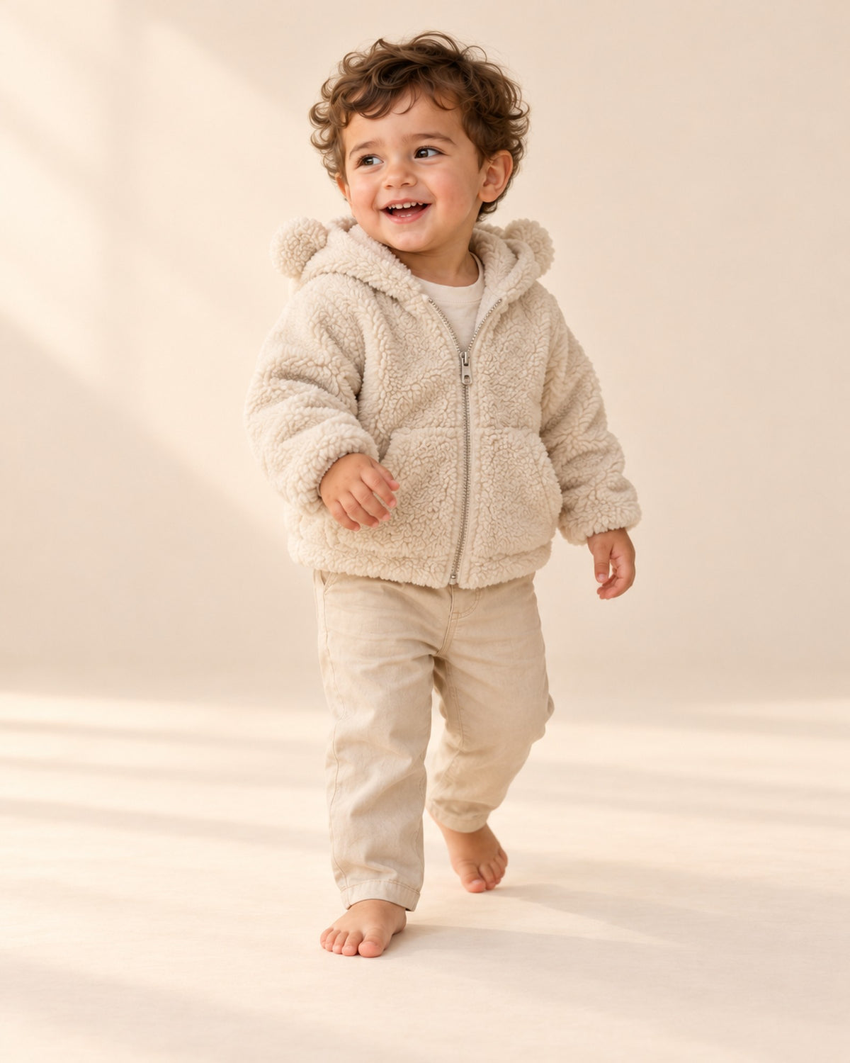 Toddler walking in the cream sherpa hooded jacket – Cream
