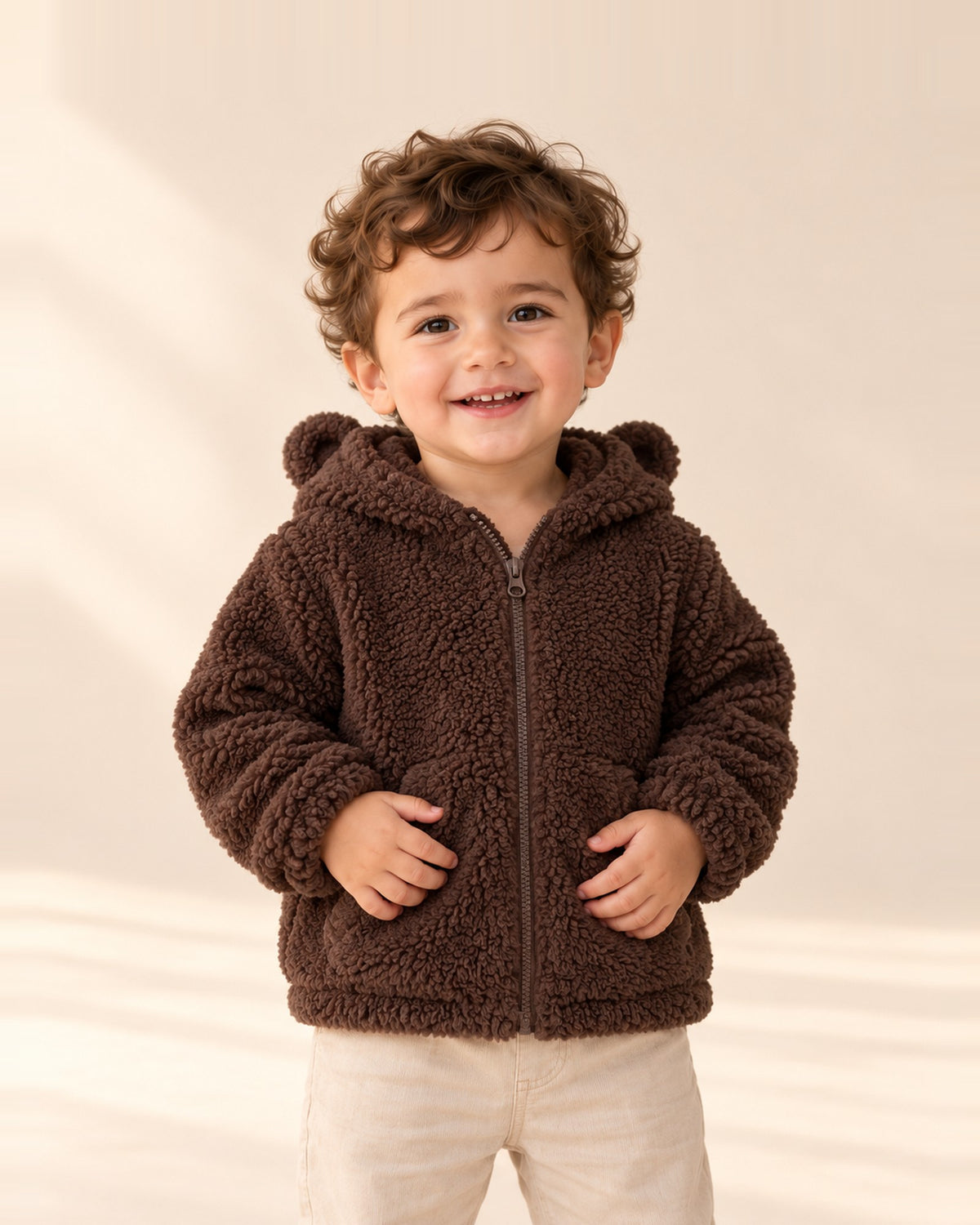 Georgie Bear Ear Sherpa Hooded Jacket in Chocolate – main