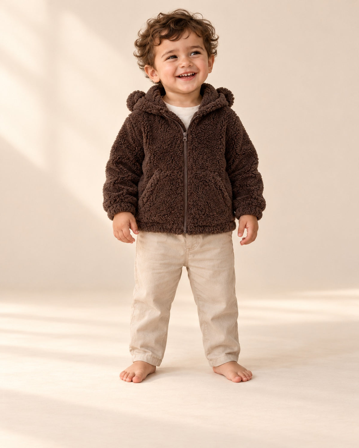 Georgie Bear Ear Sherpa Hooded Jacket in Chocolate – full front view