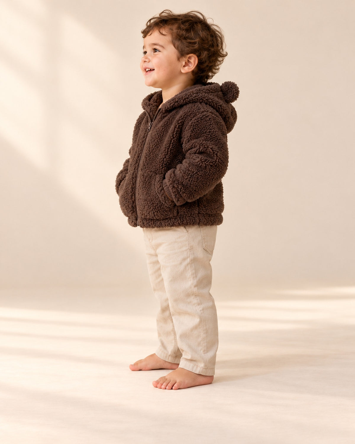 Georgie Bear Ear Sherpa Hooded Jacket in Chocolate – side view
