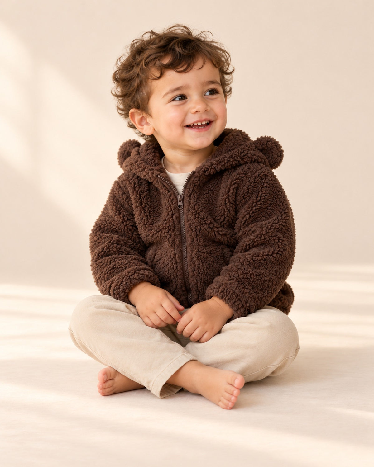 Georgie Bear Ear Sherpa Hooded Jacket in Chocolate – natural pose