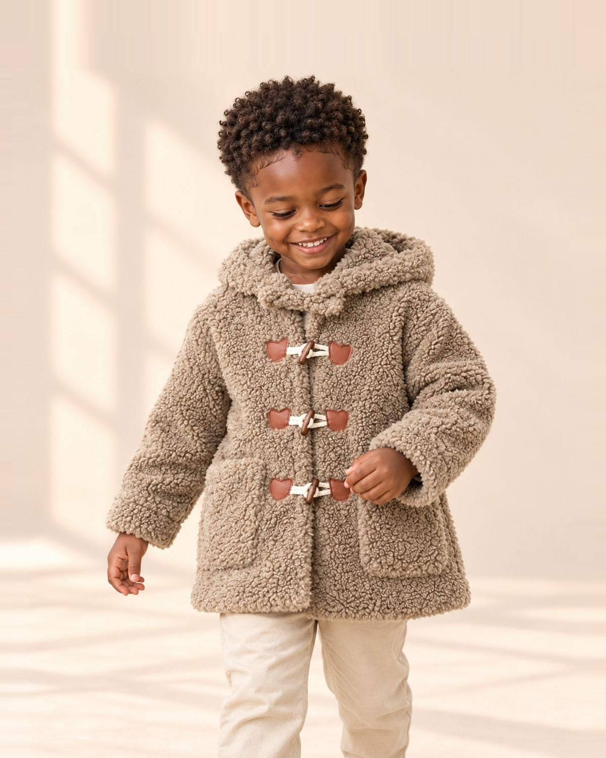 Boy smiling in the Barnaby taupe teddy sherpa duffle coat – Taupe
