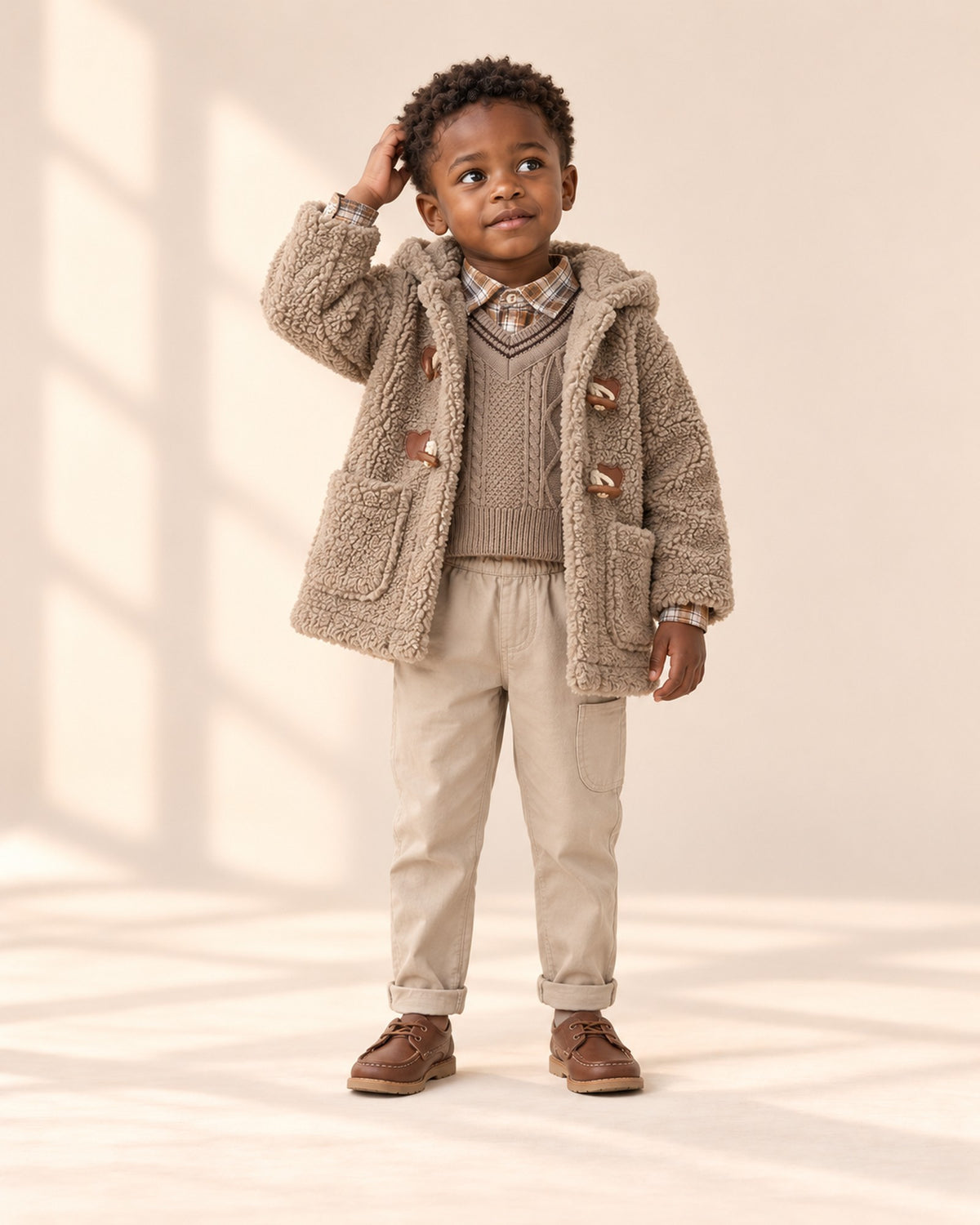 Full-length front view of the teddy duffle coat with toggles, paired with the cable vest & check shirt set – Taupe