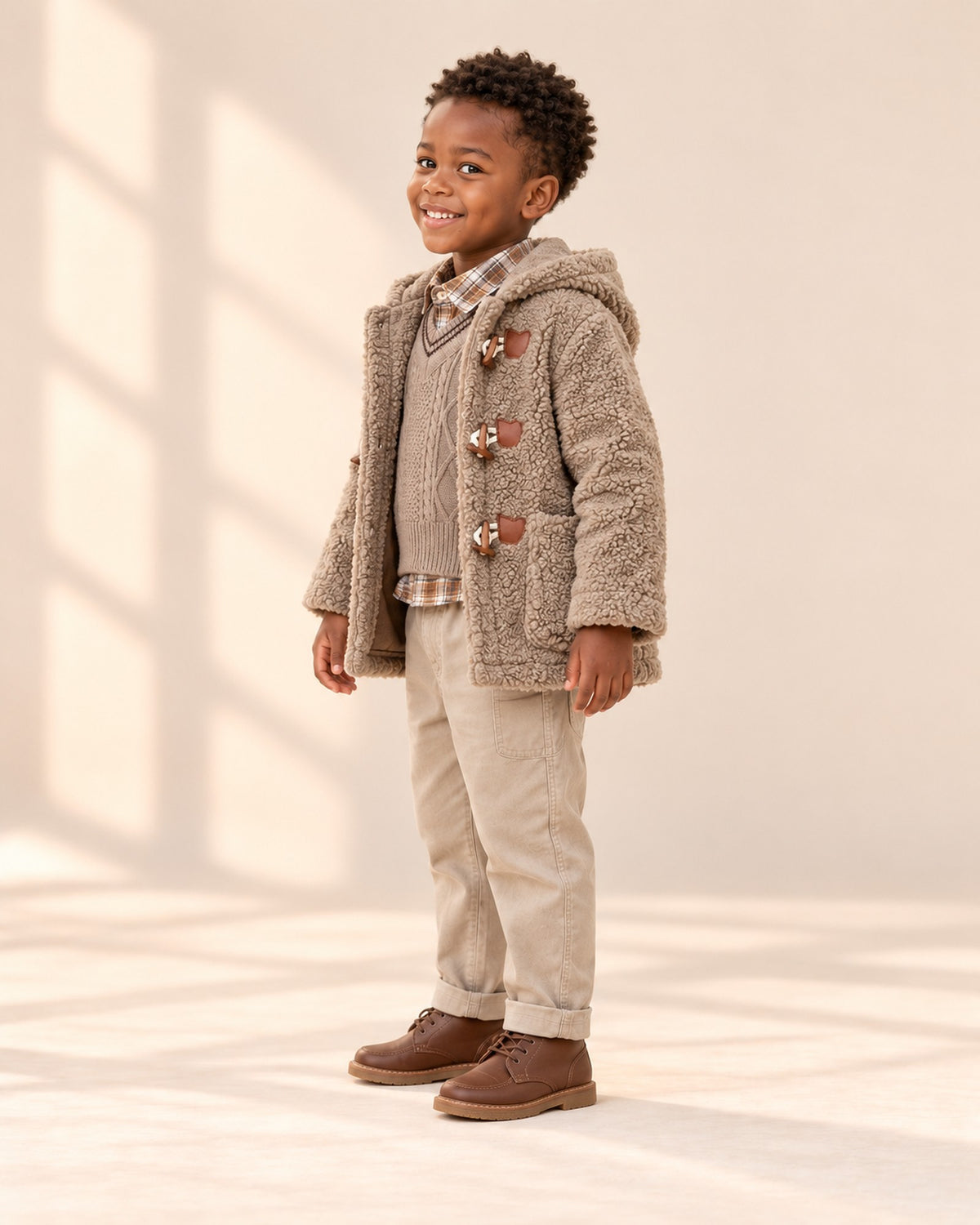 Side view of the teddy duffle coat with toggles worn with the cable vest & check shirt set – Taupe