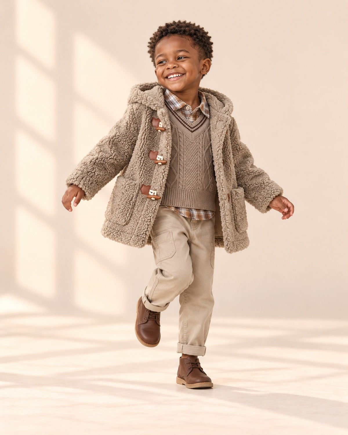 Boy at play in the teddy duffle coat with toggles, styled with the cable vest & check shirt set – Taupe