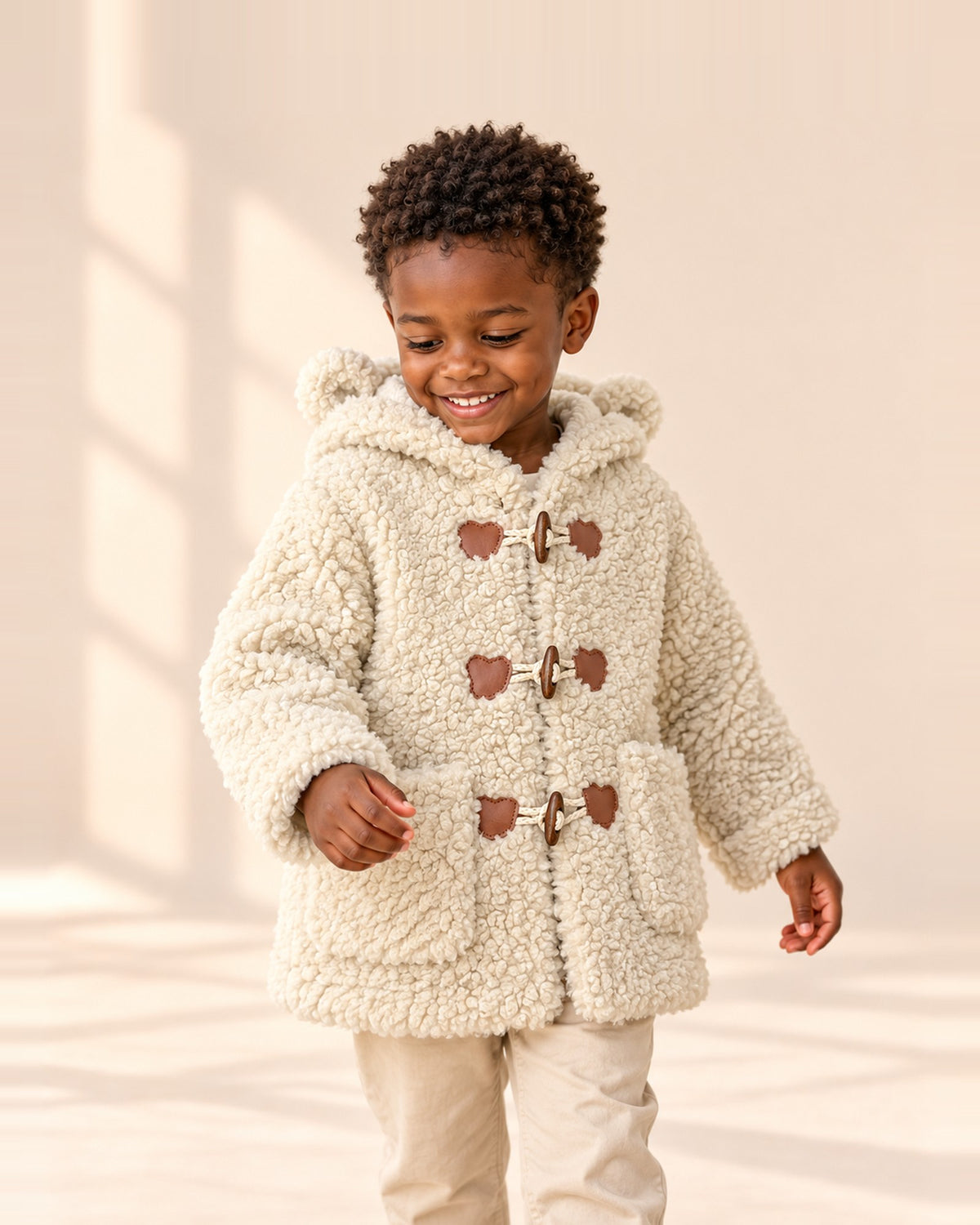 Barnaby Teddy Sherpa Duffle Coat in Cream – main