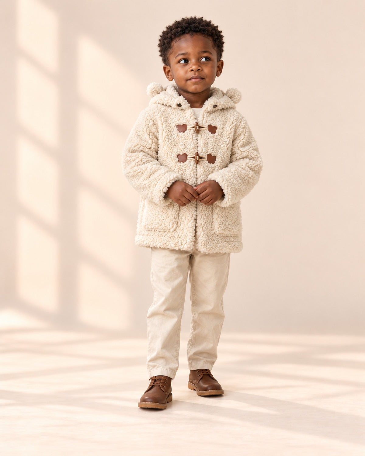 Barnaby Teddy Sherpa Duffle Coat in Cream – full front view