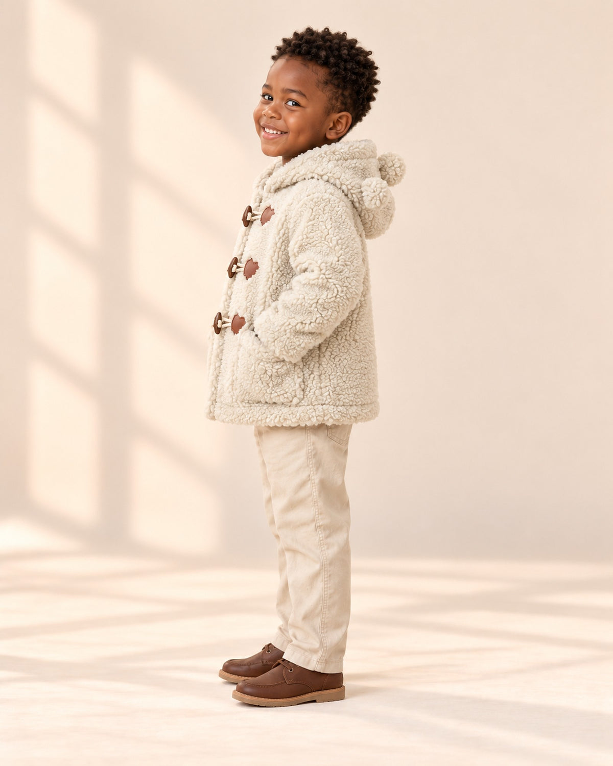 Barnaby Teddy Sherpa Duffle Coat in Cream – side view