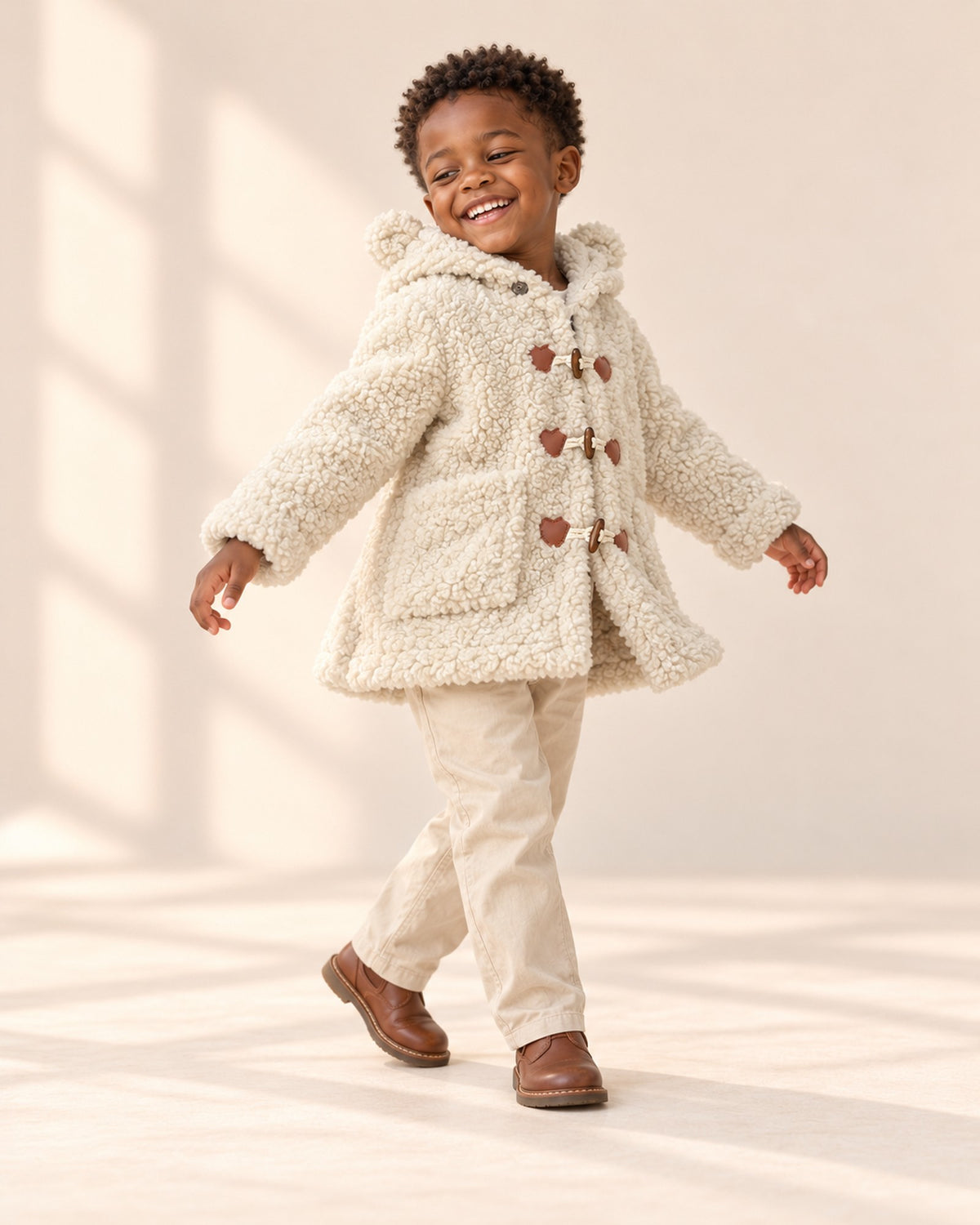 Barnaby Teddy Sherpa Duffle Coat in Cream – natural pose
